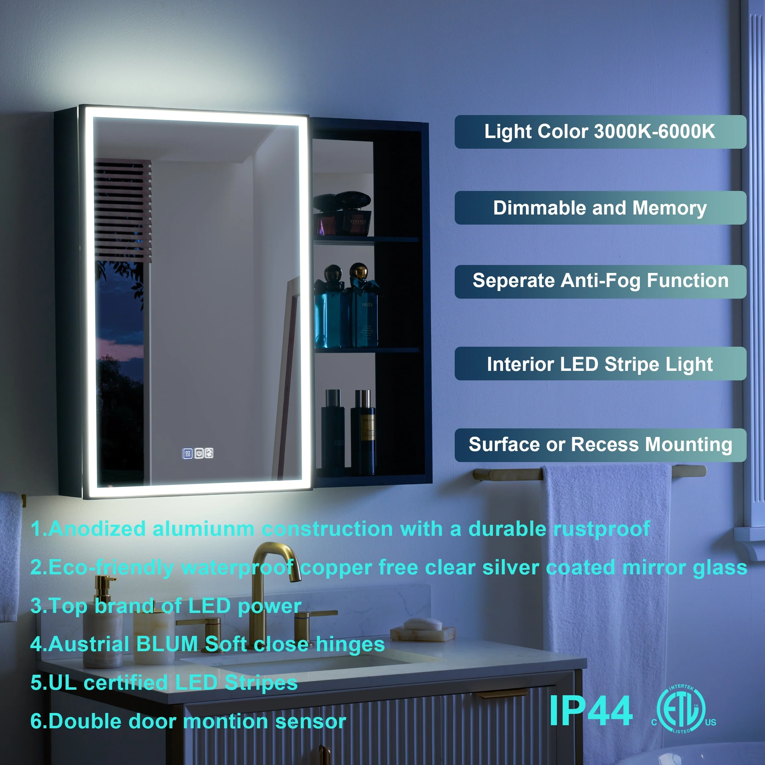 30 in. H Recessed or Surface Wall Mounted LED Mirror Cabinet With Black Side Cabinet