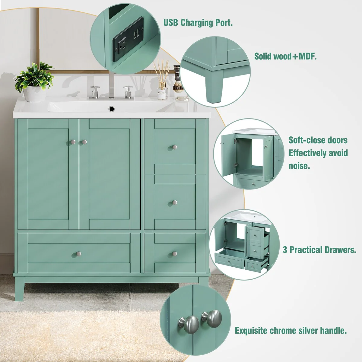 36 Inch Bathroom Vanity with USB Charging, Two Doors and Three Drawers, Small Bathroom Vanity cabinet with single sink