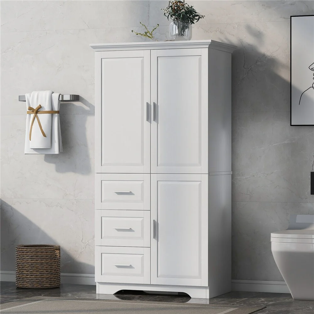 Tall and Wide Storage Cabinet with Doors for Bathroom, Three Drawers