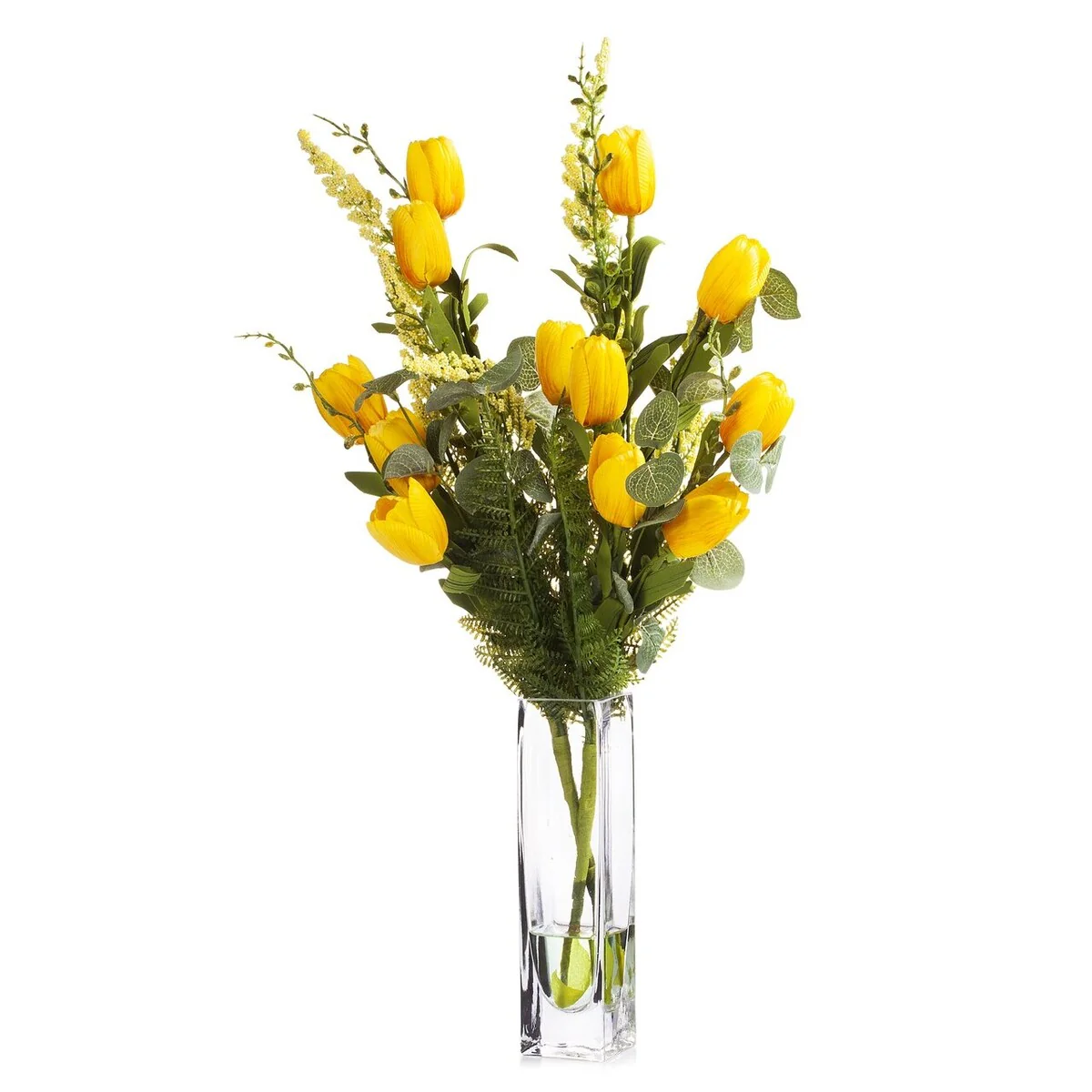 Enova Home Artificial Mixed Silk Tulips Fake Flowers in Clear Glass Vase with Faux Water For Home Wedding Decoratioin