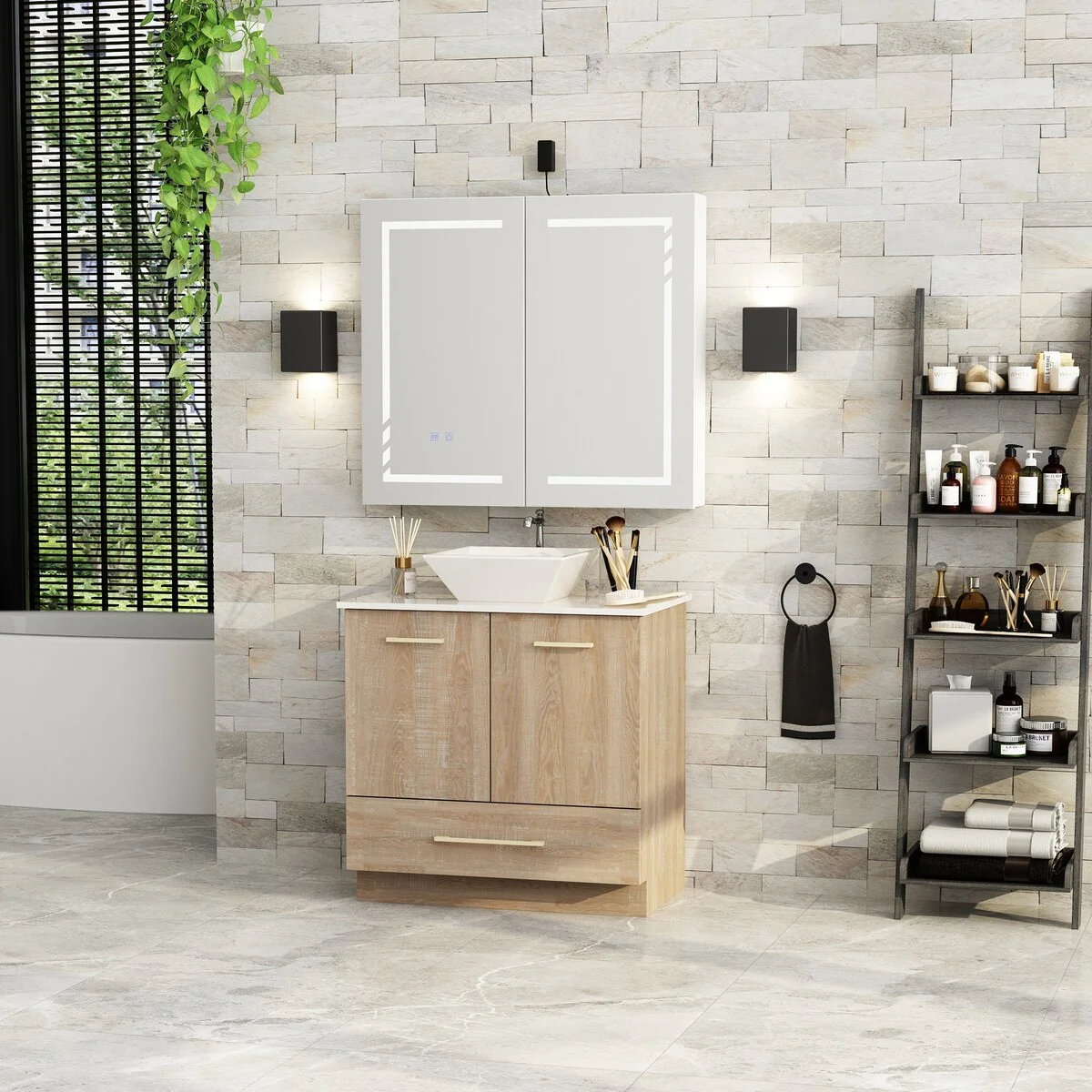 Bathroom Vanity with Ceramic Basin and Modern Medicine Cabinet Combo