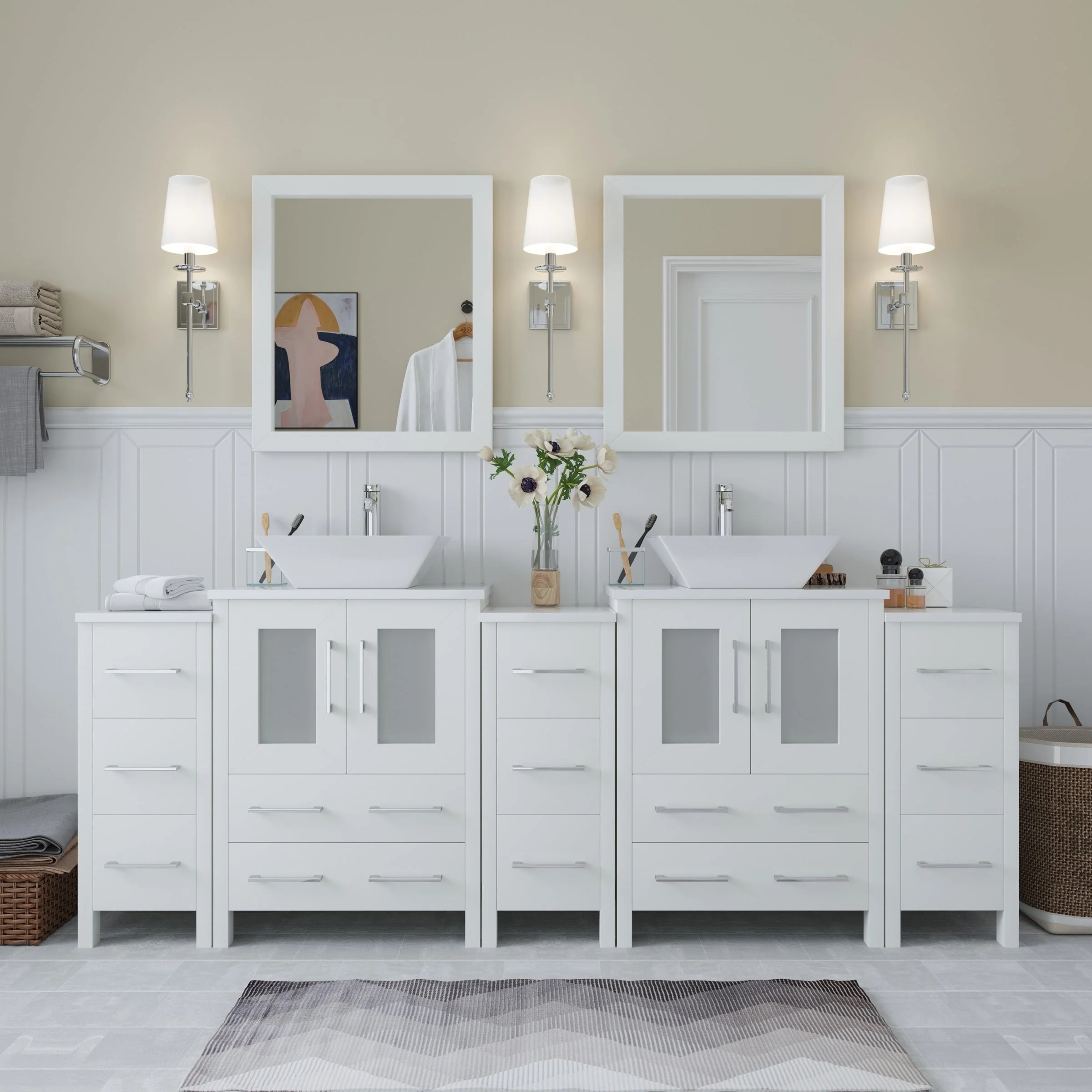 Vanity Art 84-Inch Double Sink Bathroom Vanity Set with Engineered Marble Top and Free Mirror - 84 W X 18.5 D X 31.1 H