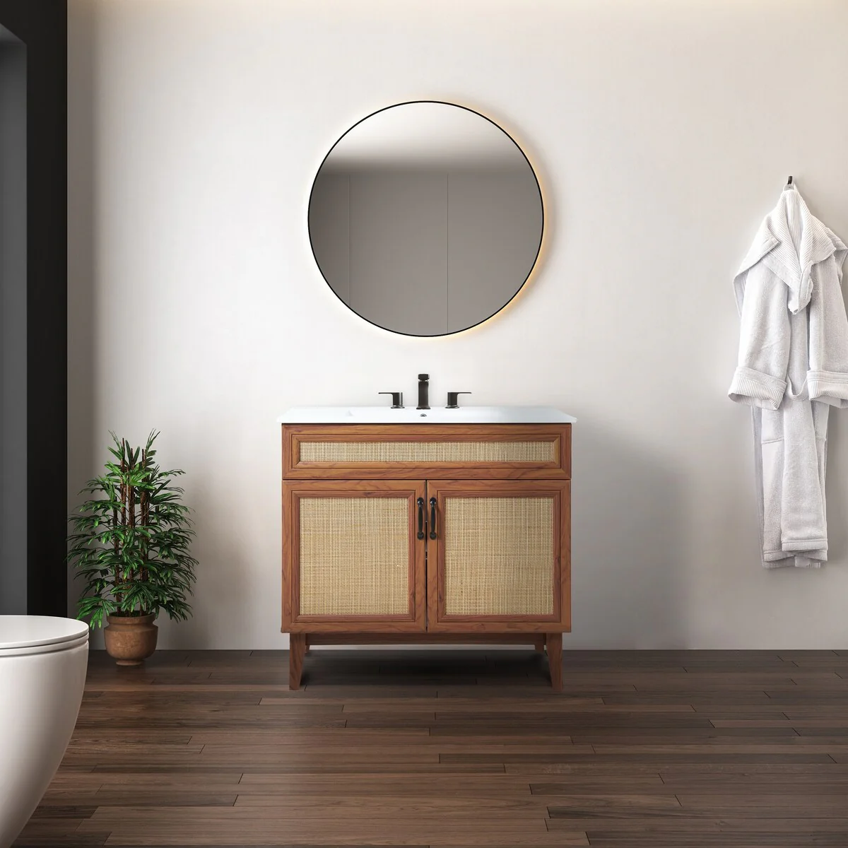Ancillary Rattan Modern Farmhouse 2-Shelf Bath Vanity Cabinet Only (Sink Basin not Included), by JONATHAN Y
