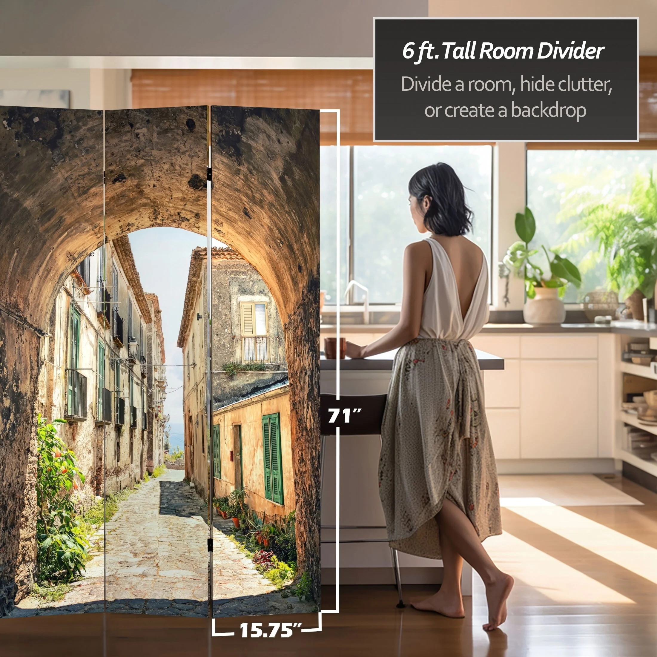 6 ft. Tall Double Sided European Village Canvas Room Divider