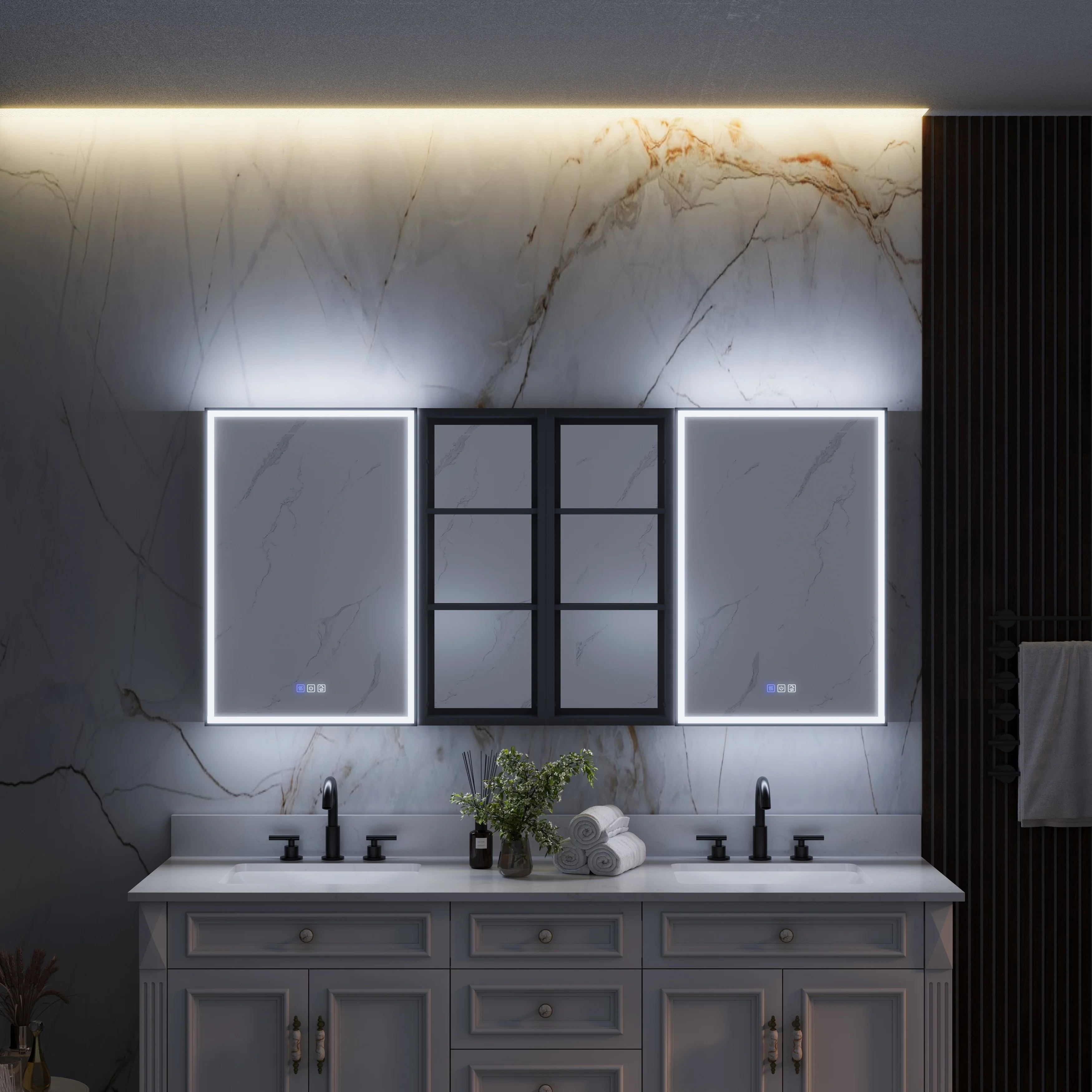 30 in. H Recessed or Surface Wall Mounted LED Mirror Cabinet With Black Side Cabinet