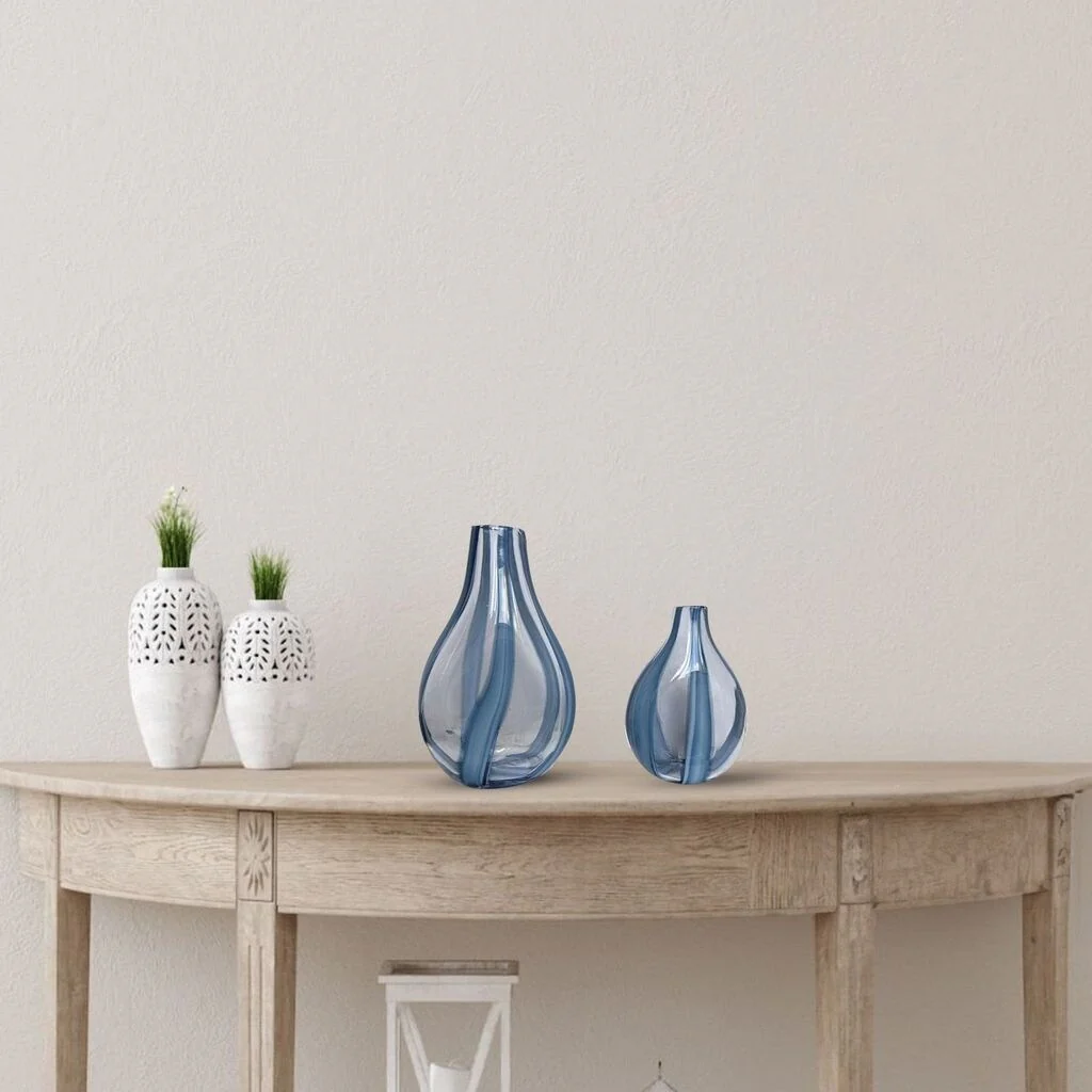 Set of Two Tear Drop Striped Glass Vases in Blue