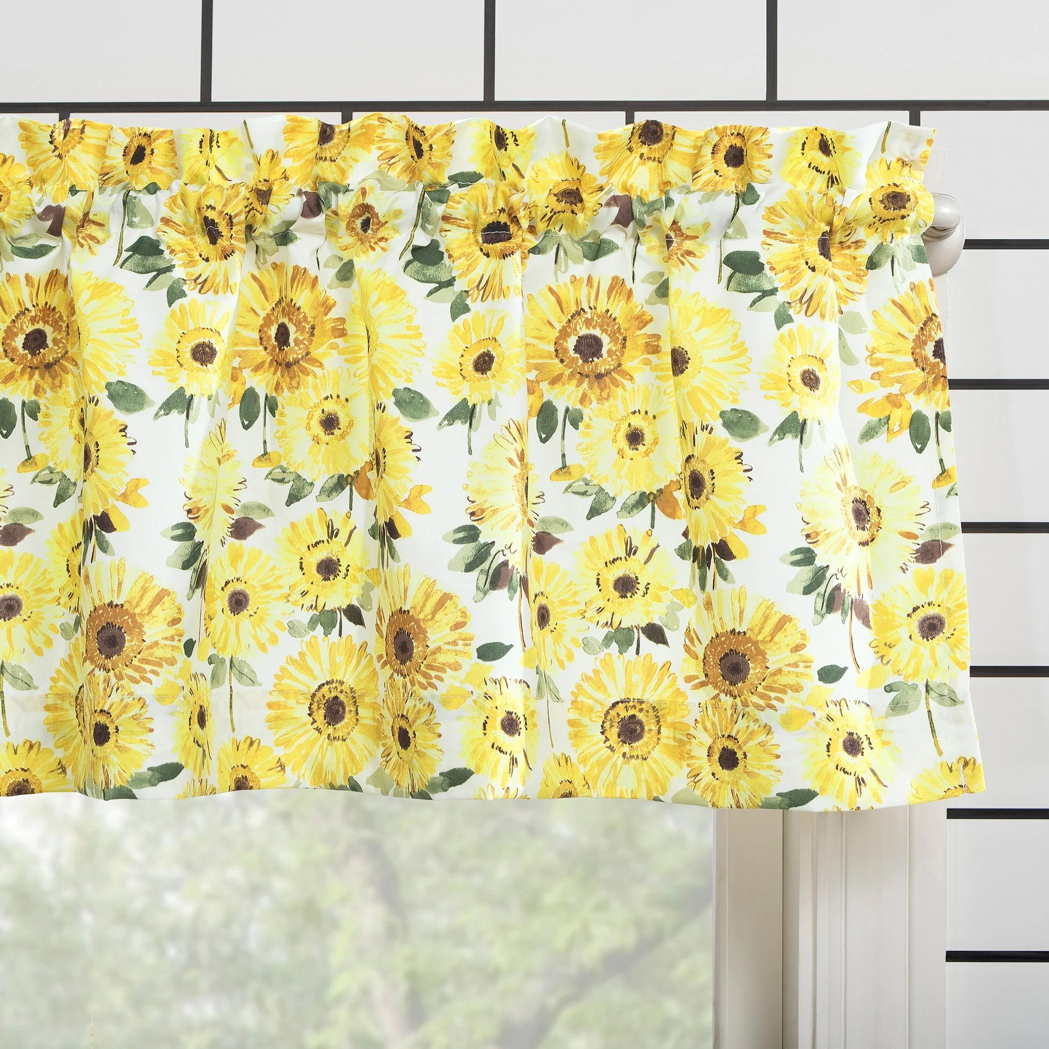 No. 918 Sunny Sunflower Print Semi-Sheer Rod Pocket Kitchen Curtain Valance and Tiers Set
