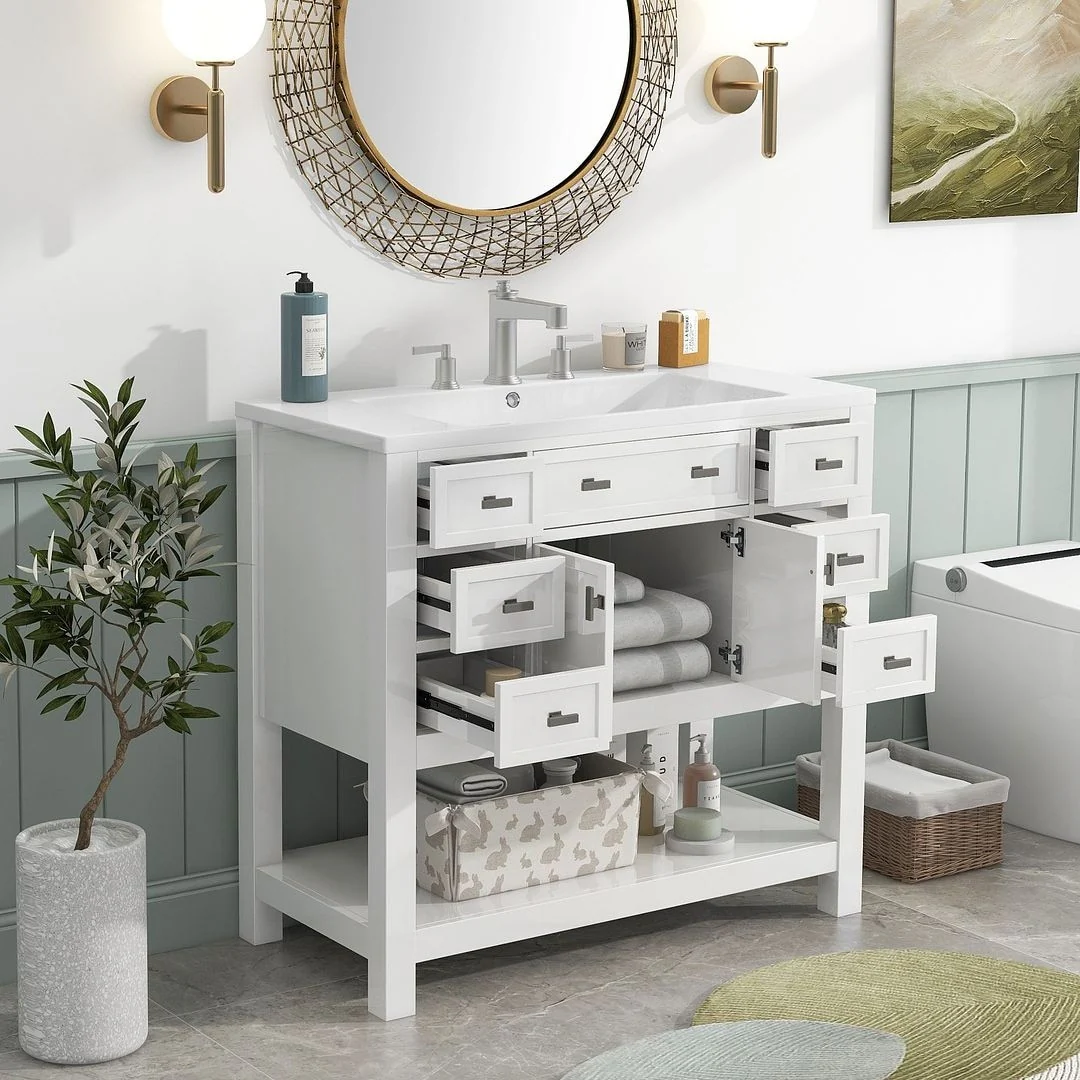 36'' Modern Bathroom Bathroom Vanity with Sink and 6 Drawers，2 Soft Closing Doors