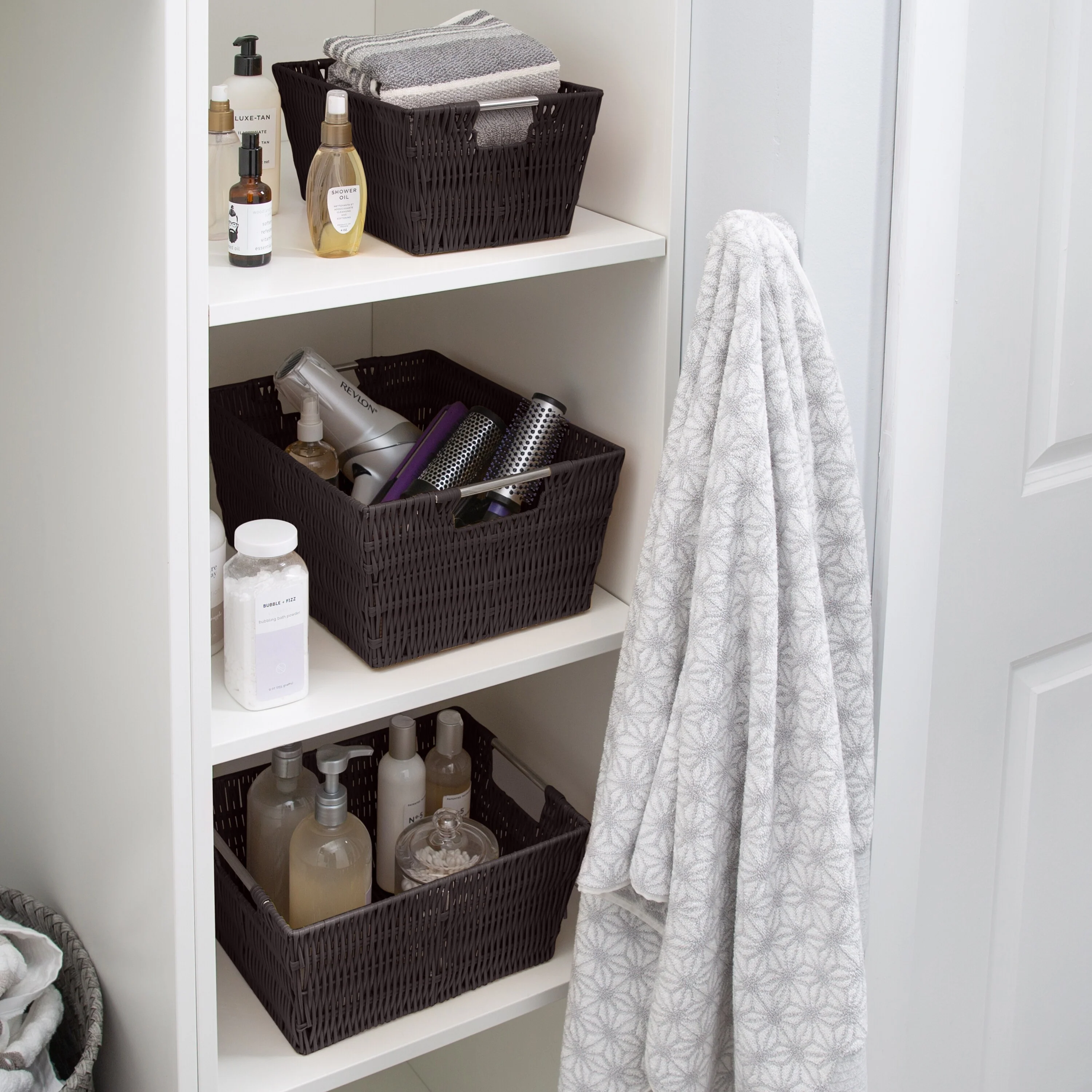 Simplify 3 Pack Set Rattan Tote Baskets in Charcoal