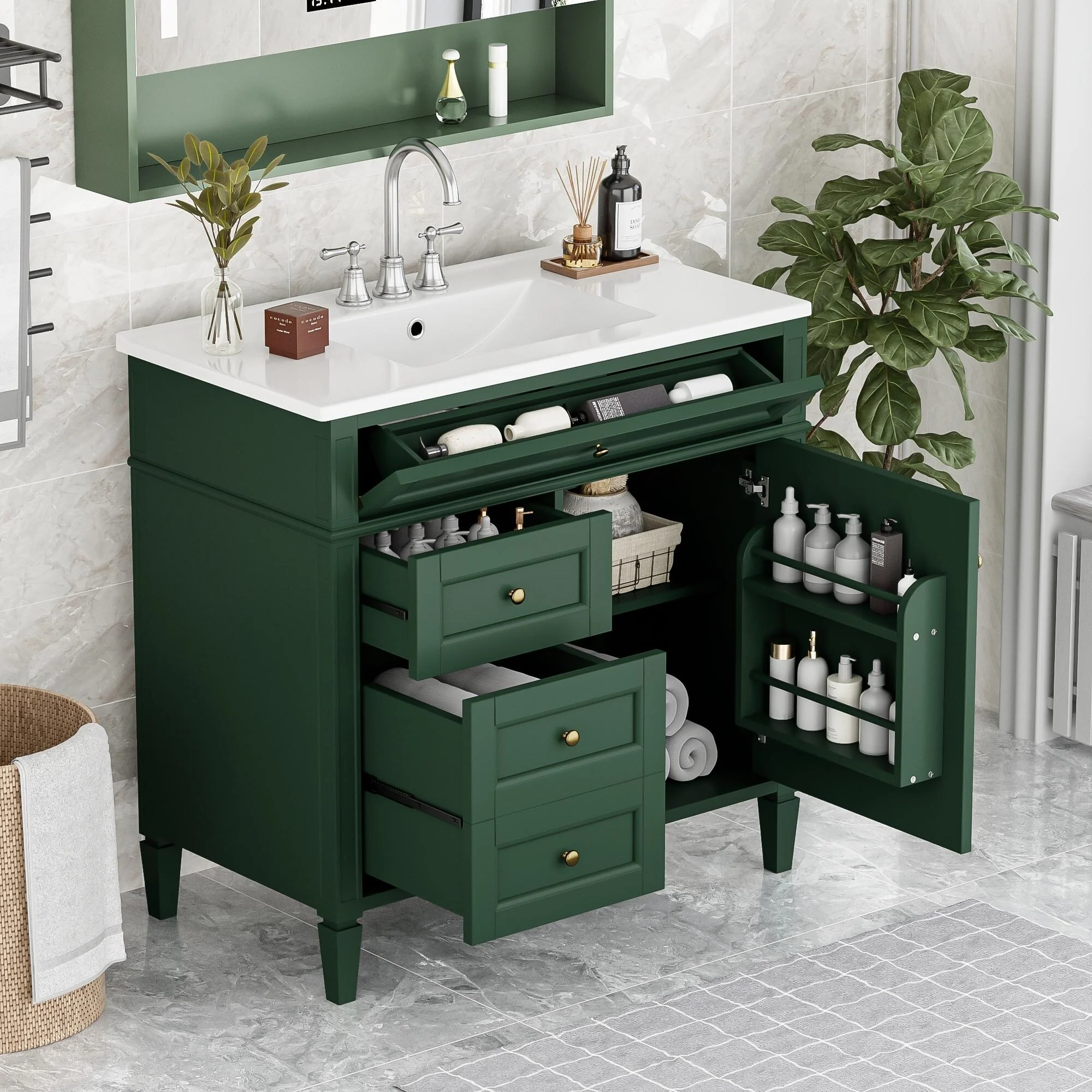 Bathroom Vanity with Single Sink, Bathroom Vanities with 2 Drawers, Bathroom Storage Cabinet with 1 Tip-Out Drawer and 1 Door