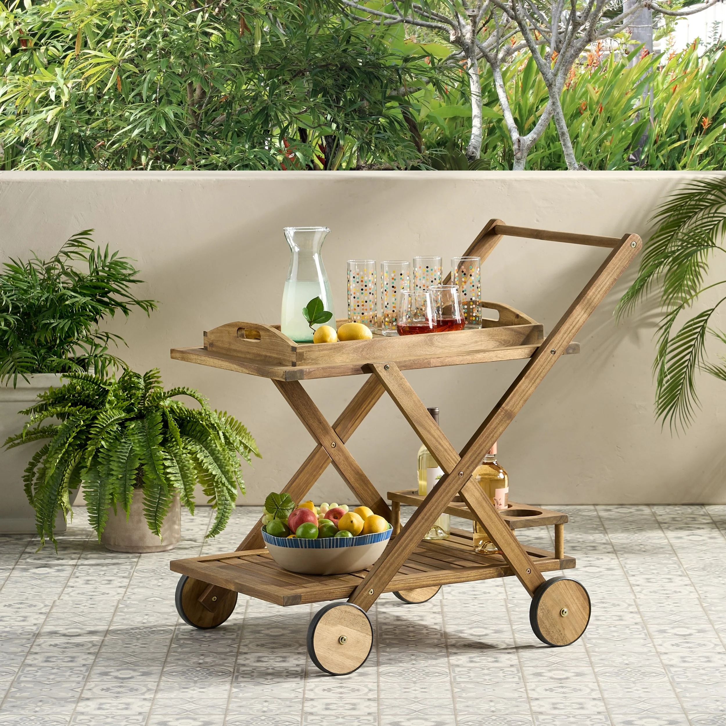 Riviera Outdoor Acacia Wood Bar Cart with Tray by Christopher Knight Home