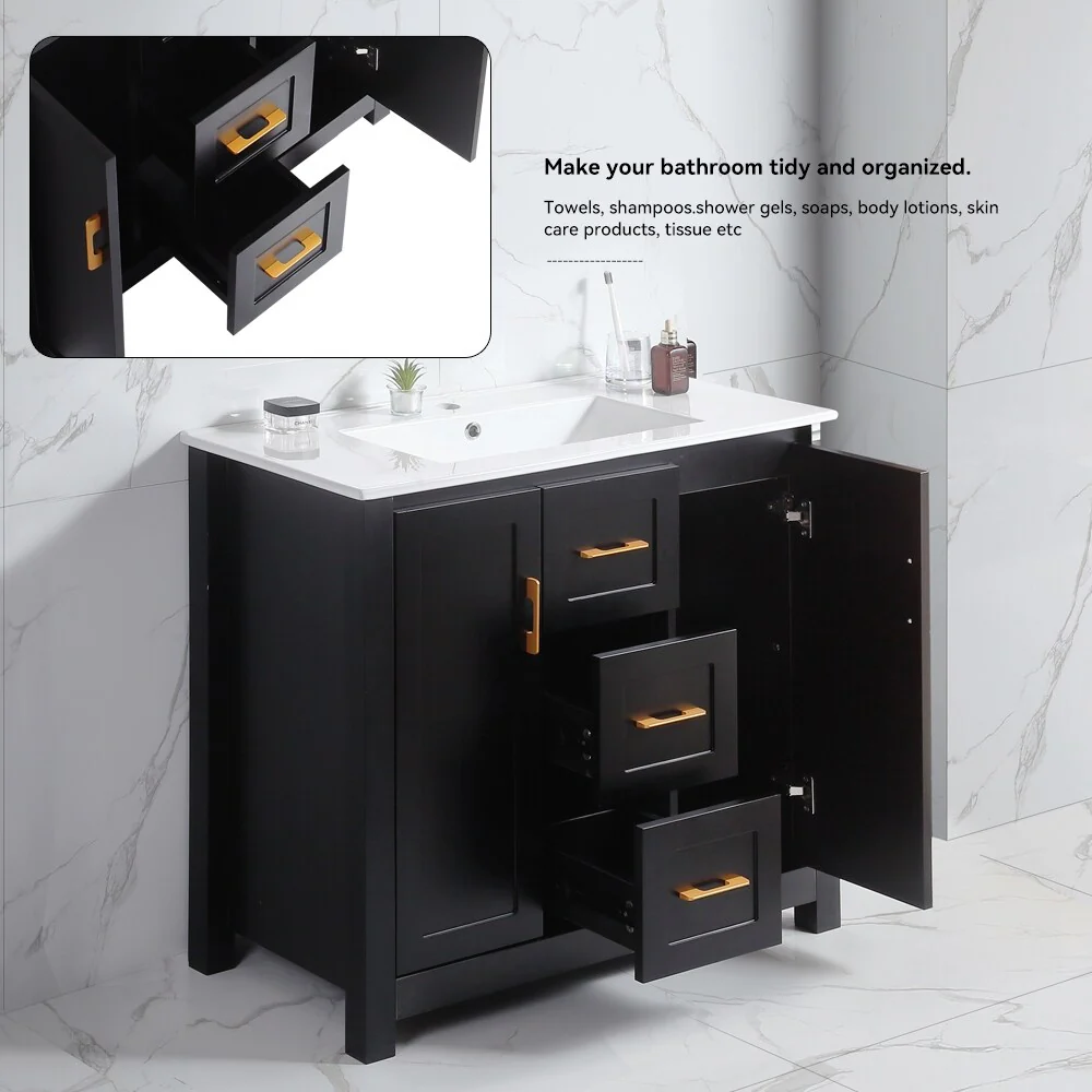 Bathroom Vanity with Single Sink, Wood Storage Cabinet with 2 Soft Closing Doors, Freestanding Vanity Cabinet with 3 Drawers