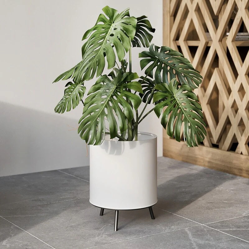 Raya White Mid-Century Modern Indoor Metal Pot Planter with 3-Leg Metal Base