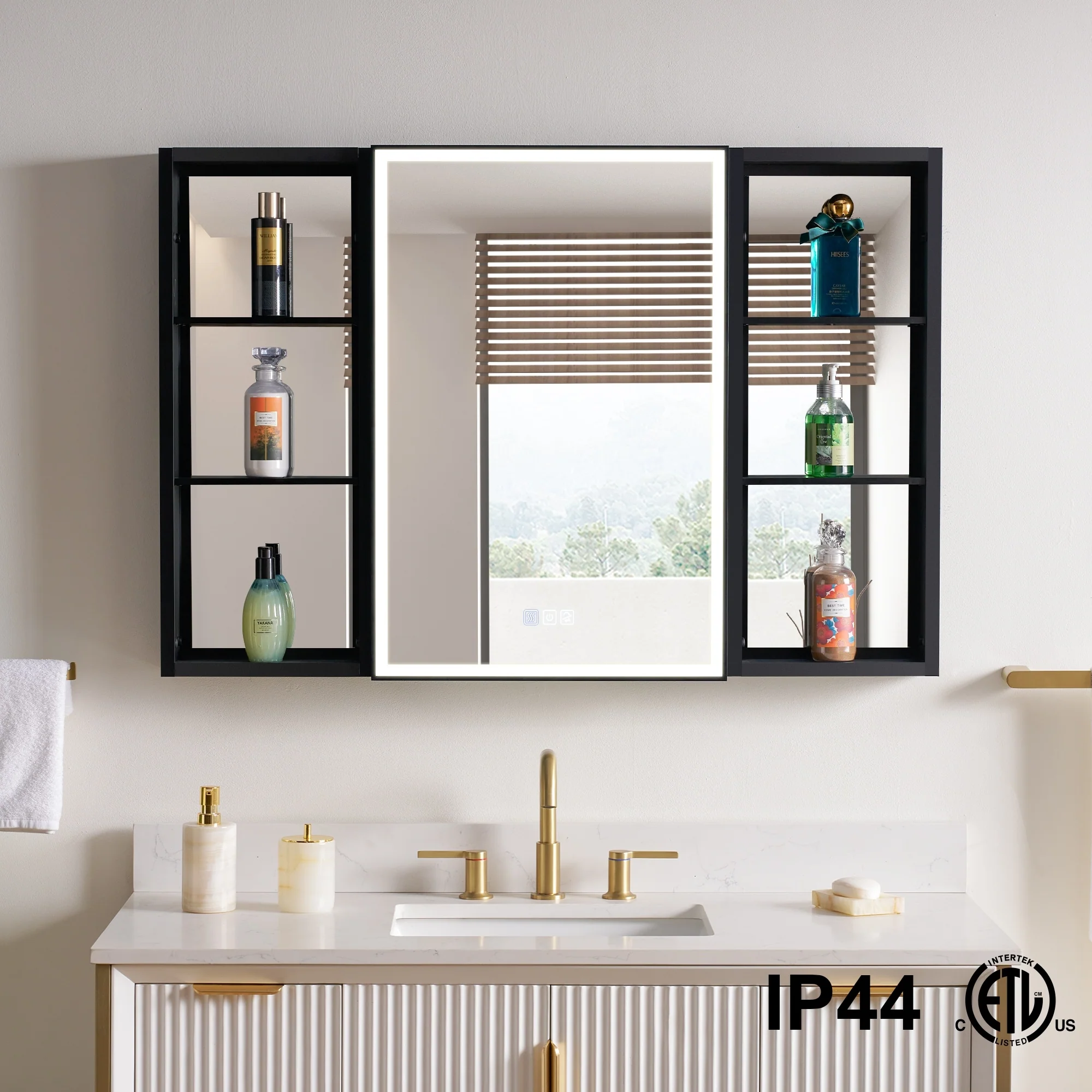 30 in. H Recessed or Surface Wall Mounted LED Mirror Cabinet With Black Side Cabinet