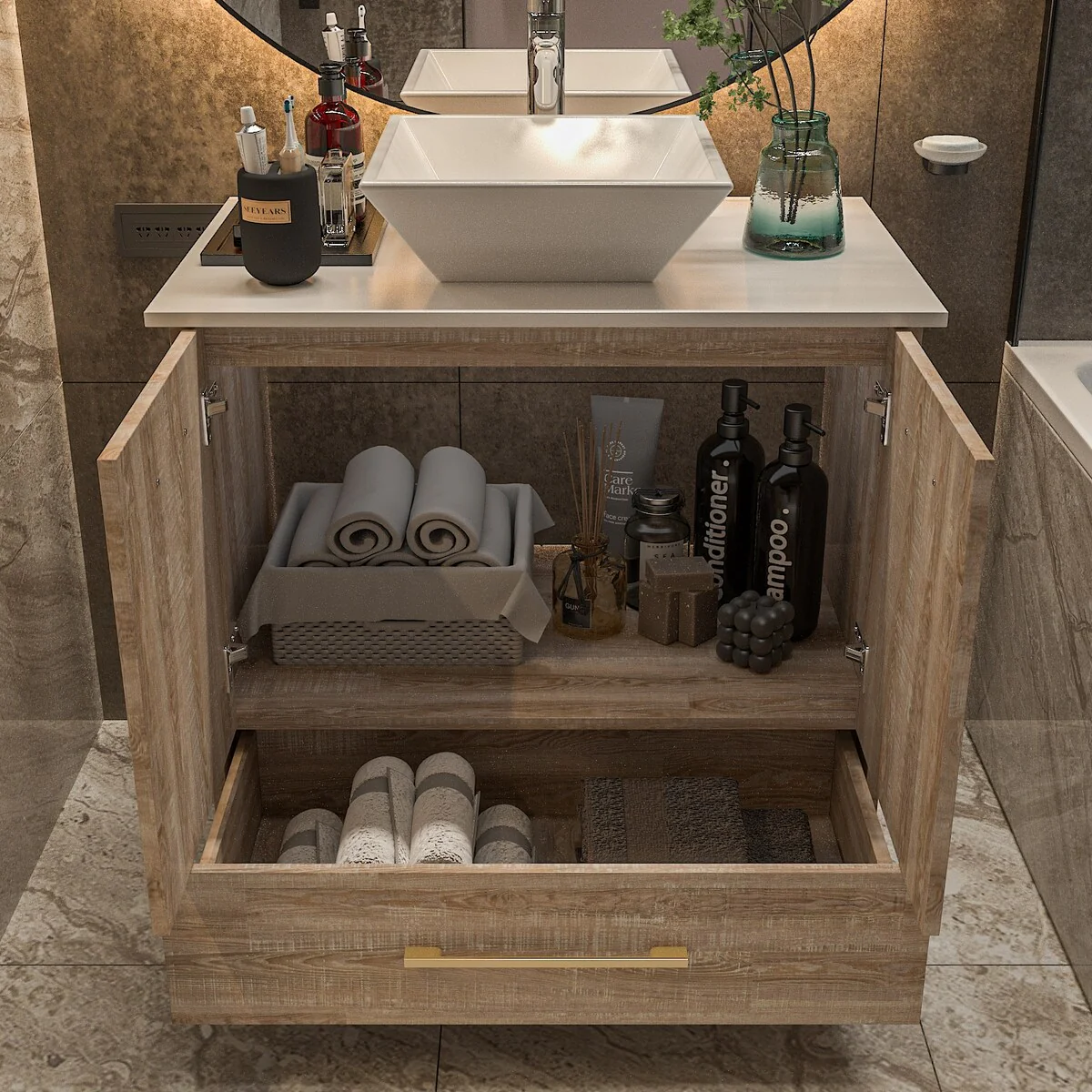Bathroom Vanity with Ceramic Basin and Modern Medicine Cabinet Combo