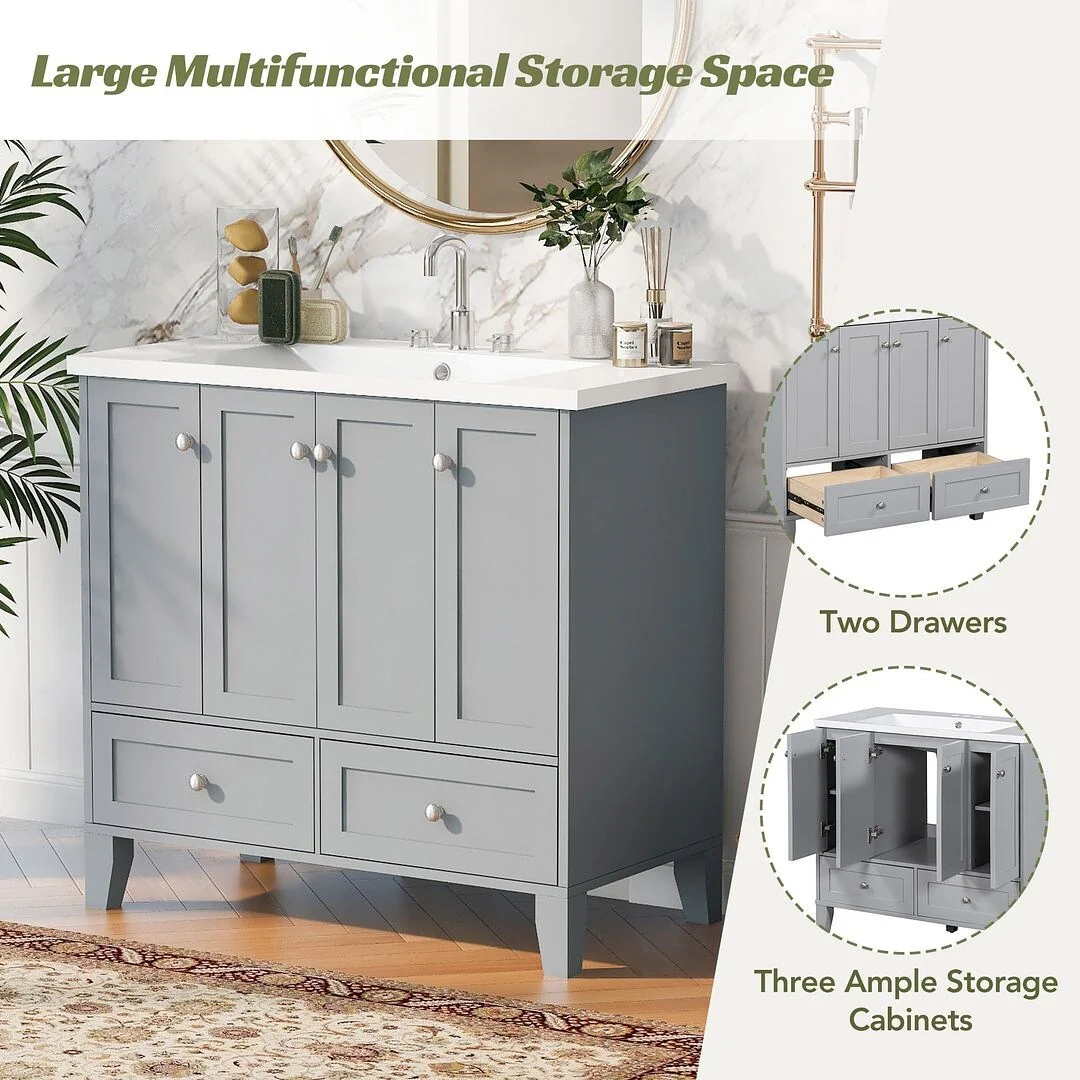 36'' Bathroom Vanity with Sink Set, Solid Wood Frame Bathroom Storage Cabinet, Freestanding Vanity Set