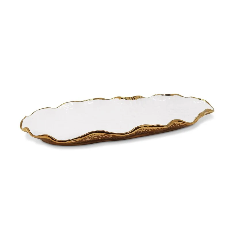 New Bone China Oval Tray with Gold Scalloped Edge - white