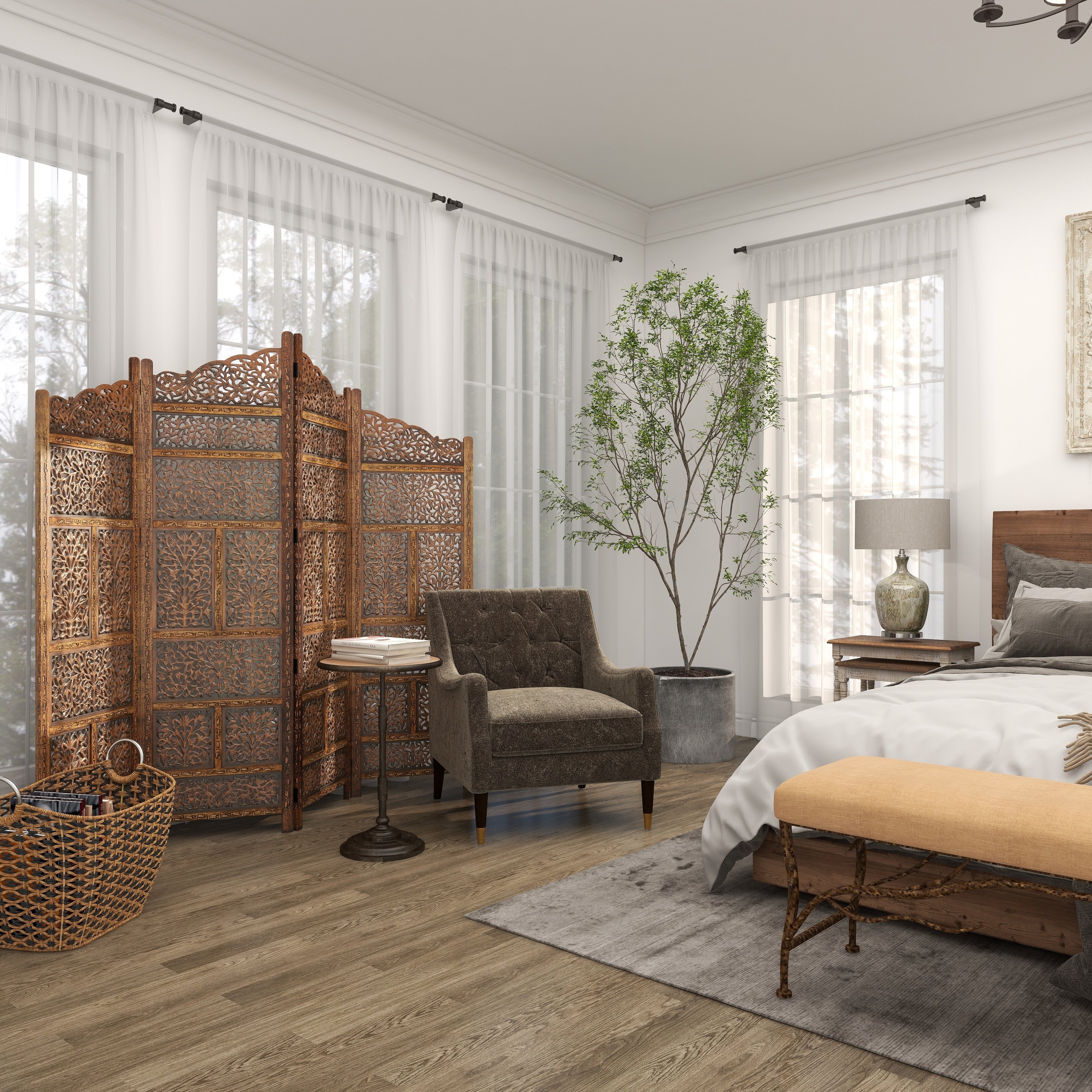 Hand Carved Fold-able 4-Panel Wooden Partition Screen/ Room Divider, Brown