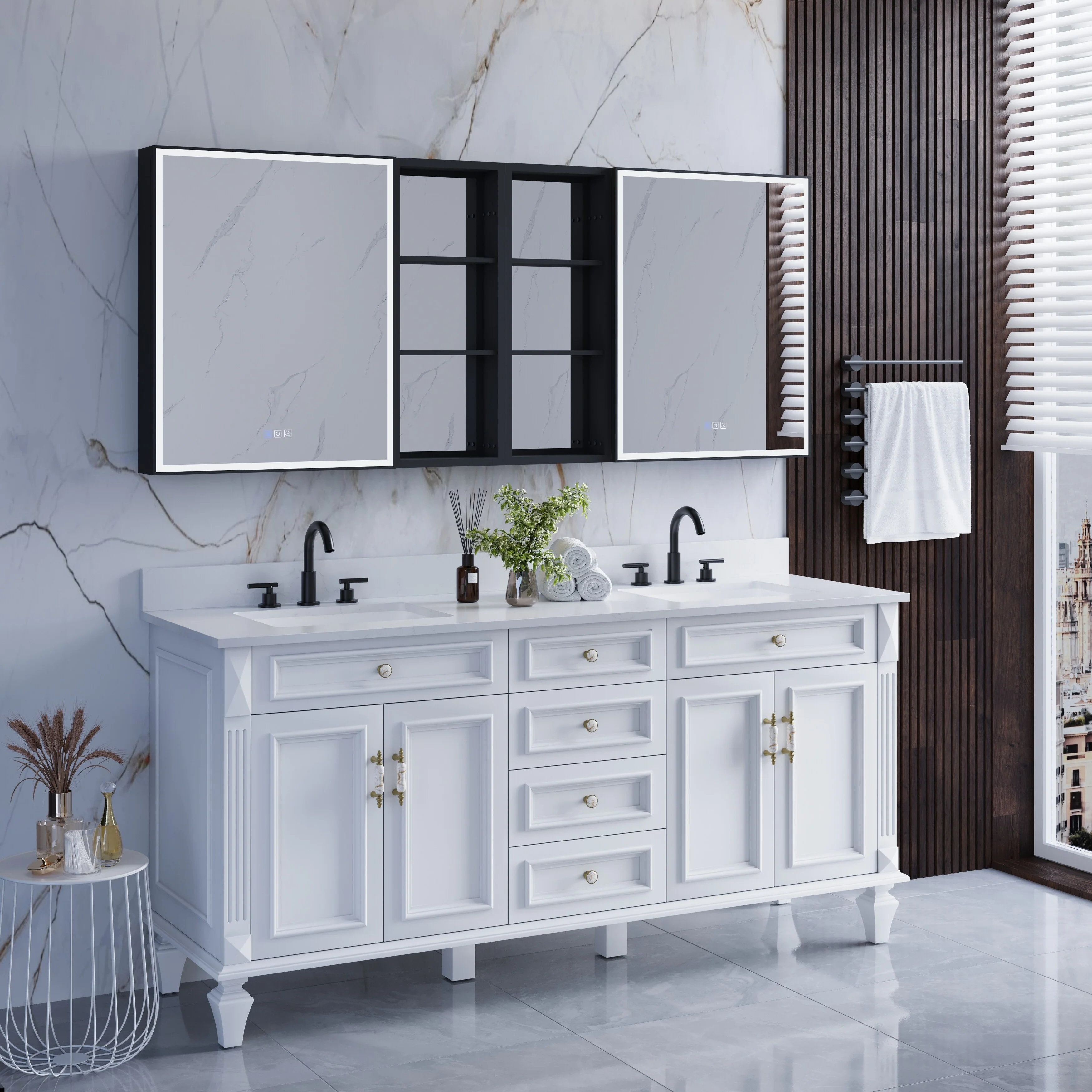 30 in. H Recessed or Surface Wall Mounted LED Mirror Cabinet With Black Side Cabinet