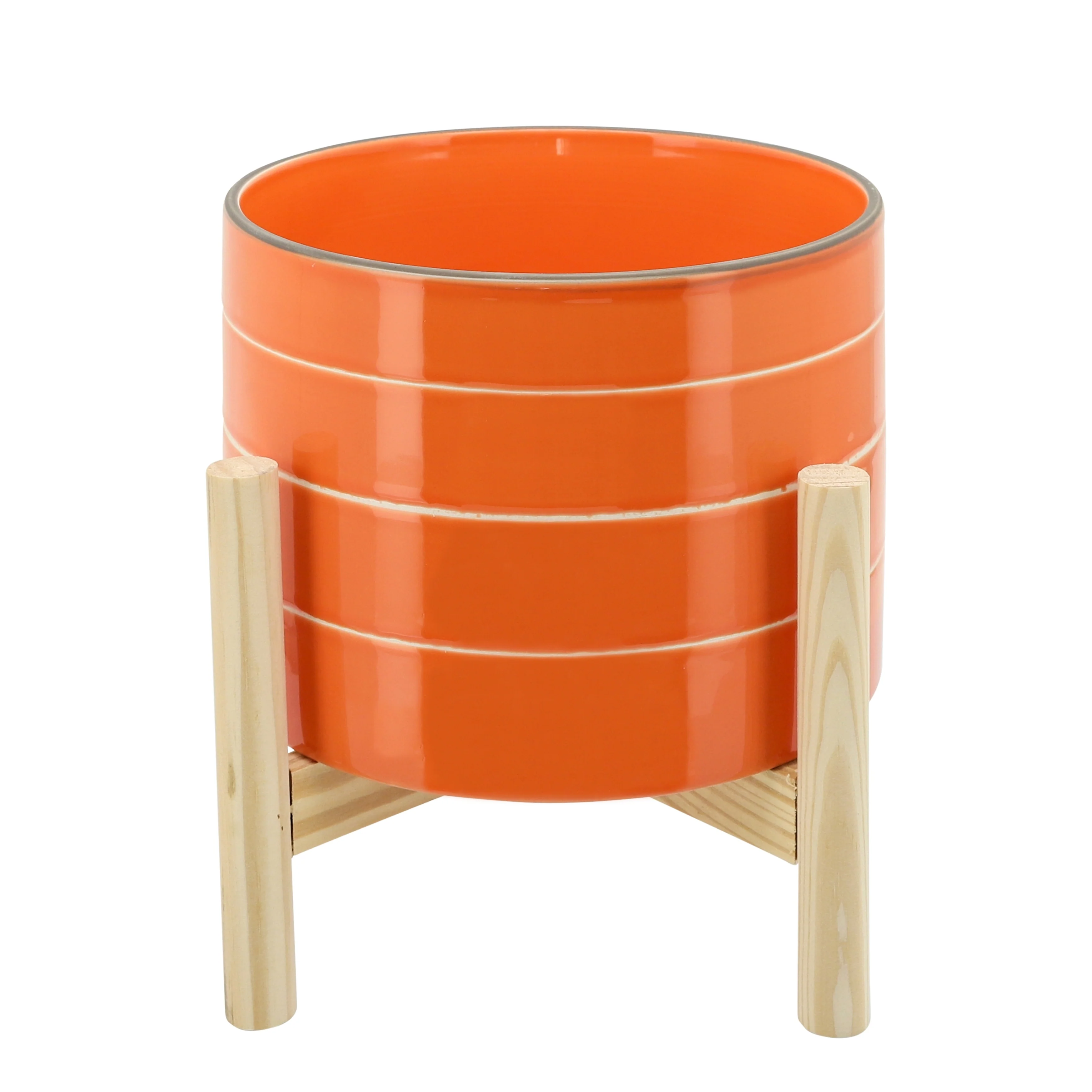 Sagebrook Home Modern Bright Orange Stripe Planter Pot with Natural Wood Stand