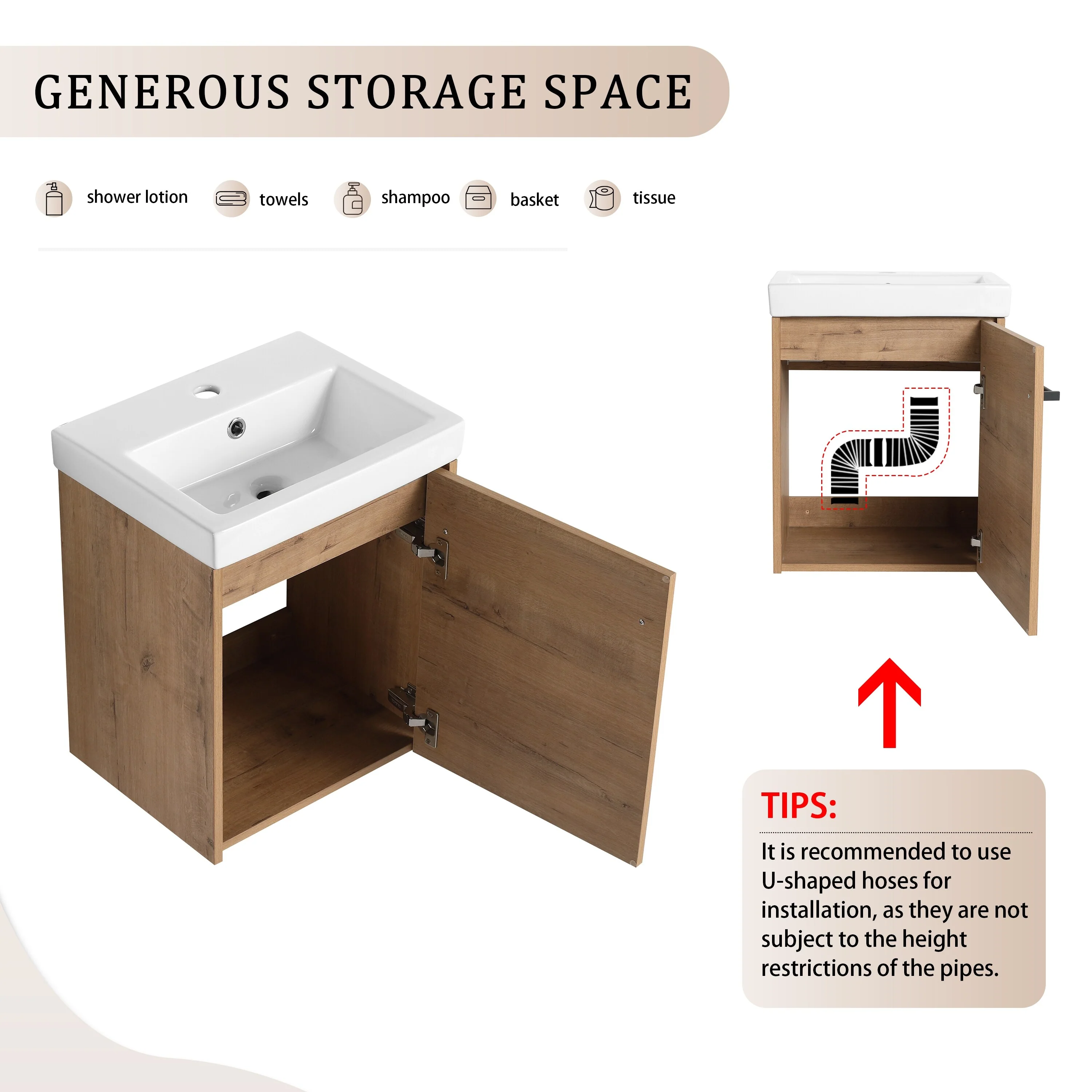 Bathroom Vanity With Sink In 16/18 Inch, Floating Bathroom Vanity With Soft Close Door