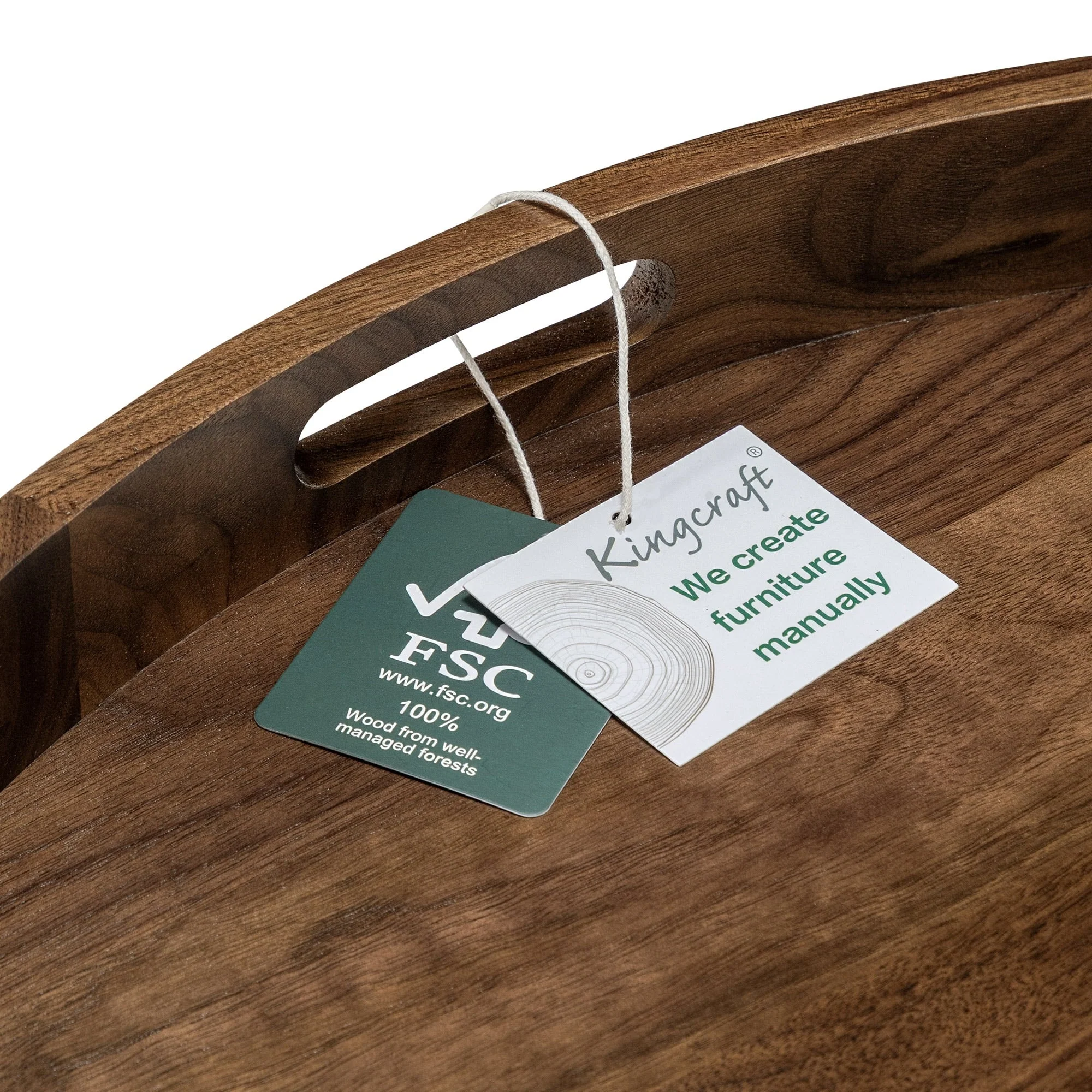 KINWELL Round Black Walnut Wood Serving Tray Ottoman Tray with Handles