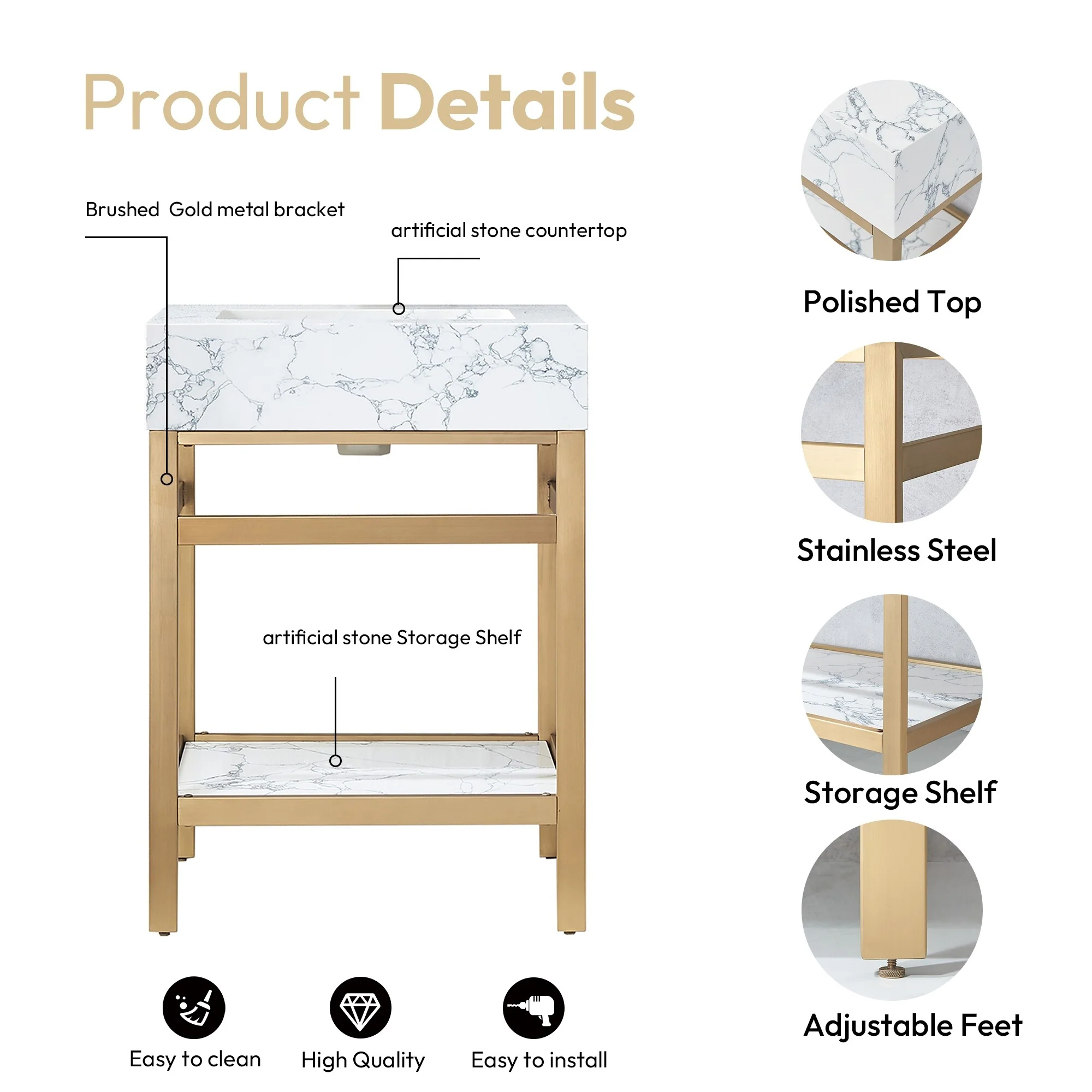 Ecija Bath Vanity, Metal Support with Composite Stone Top, no Mirror