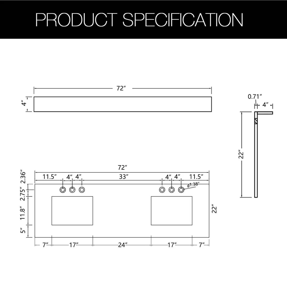 Bathlet Calacatta Quartz 72 inch Double Sink Bathroom Vanity Top with Side Splash