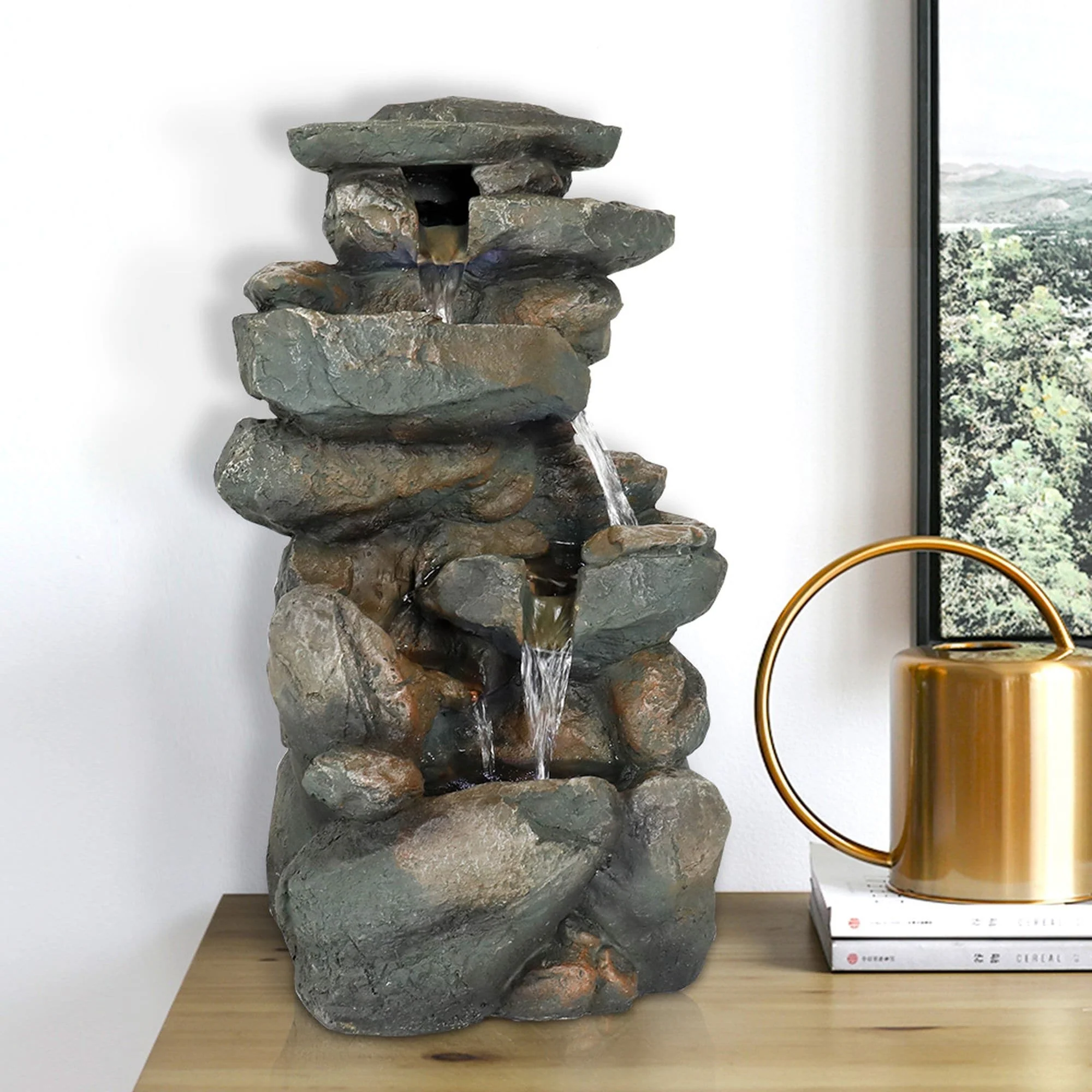 4 Tier Indoor Water Fountain Resin Rockery for Home Office