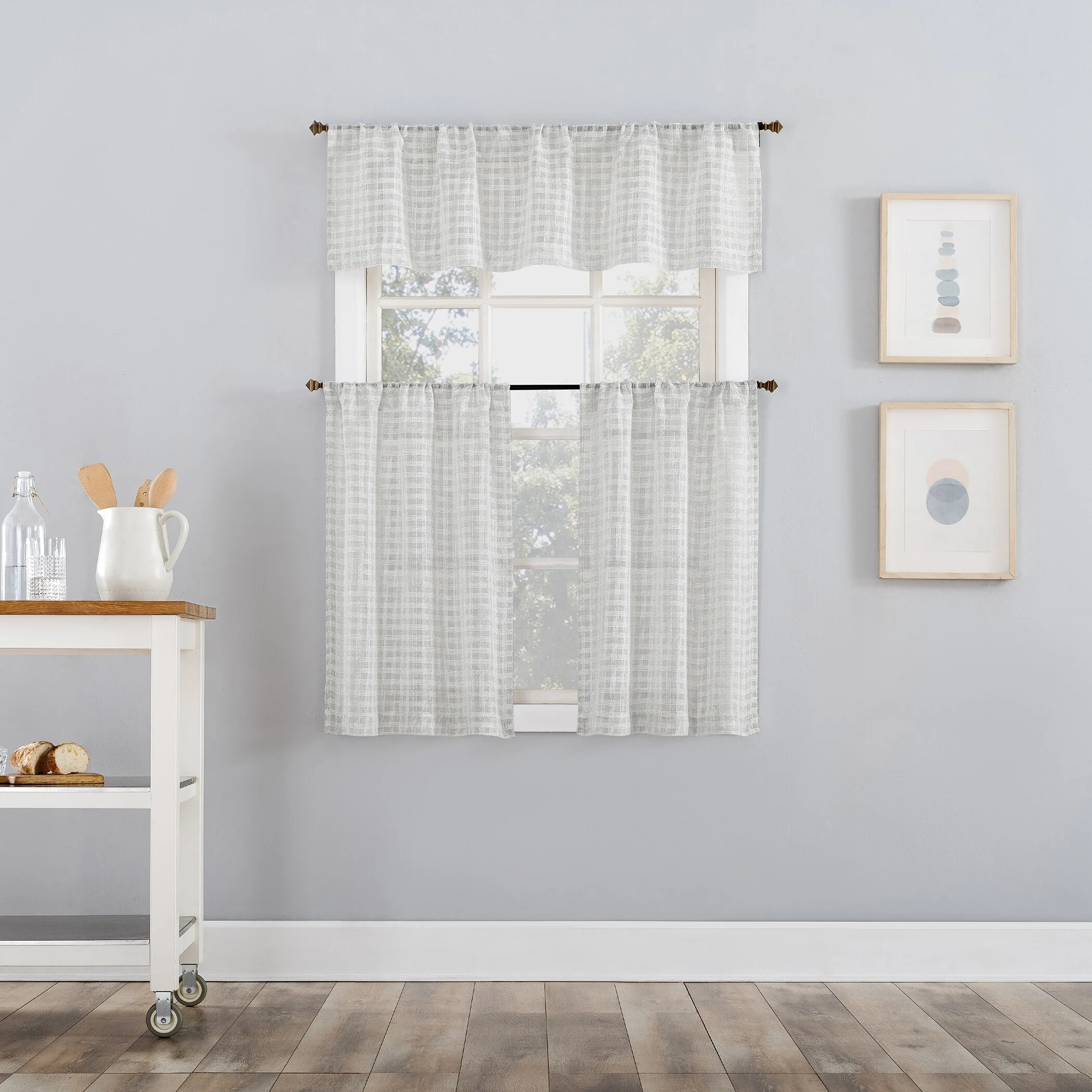 No. 918 Tayen Slub Windowpane Semi-Sheer Rod Pocket 1-Piece Kitchen Curtain Valance - 54