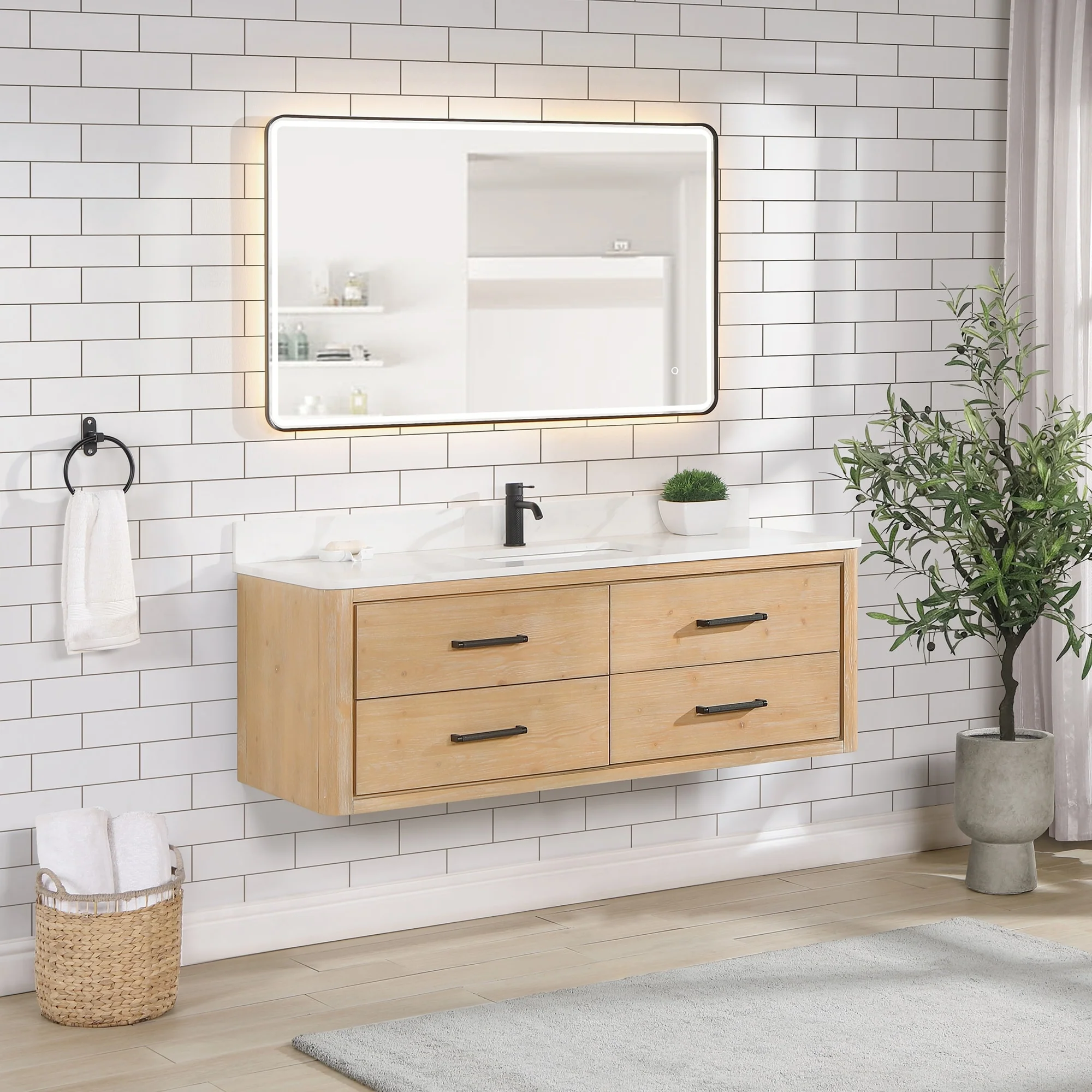 Cristo Floating Bath Vanity with White Quartz Stone Top and Mirror