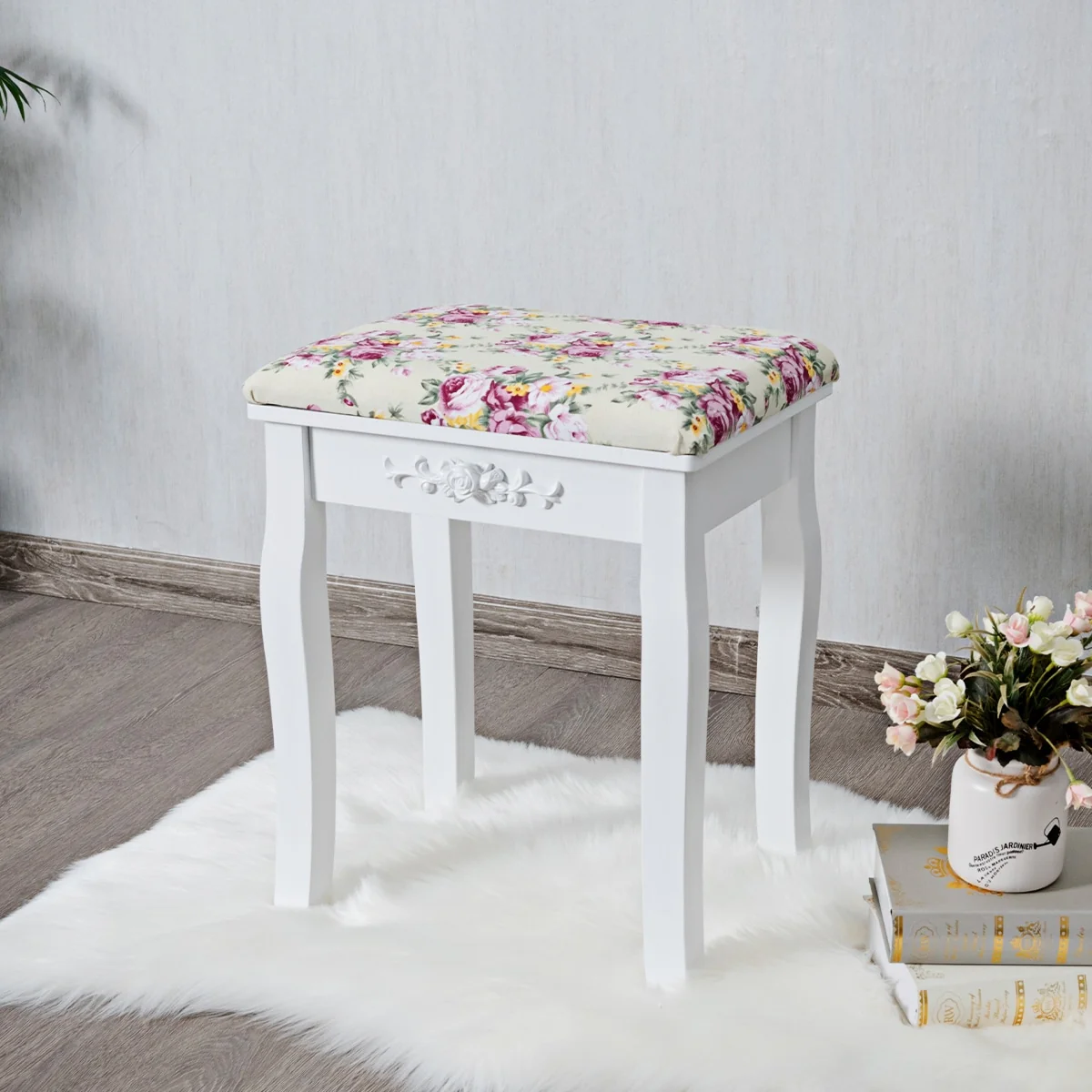Costway Vanity Wood Dressing Stool Padded Chair Makeup Cushion White