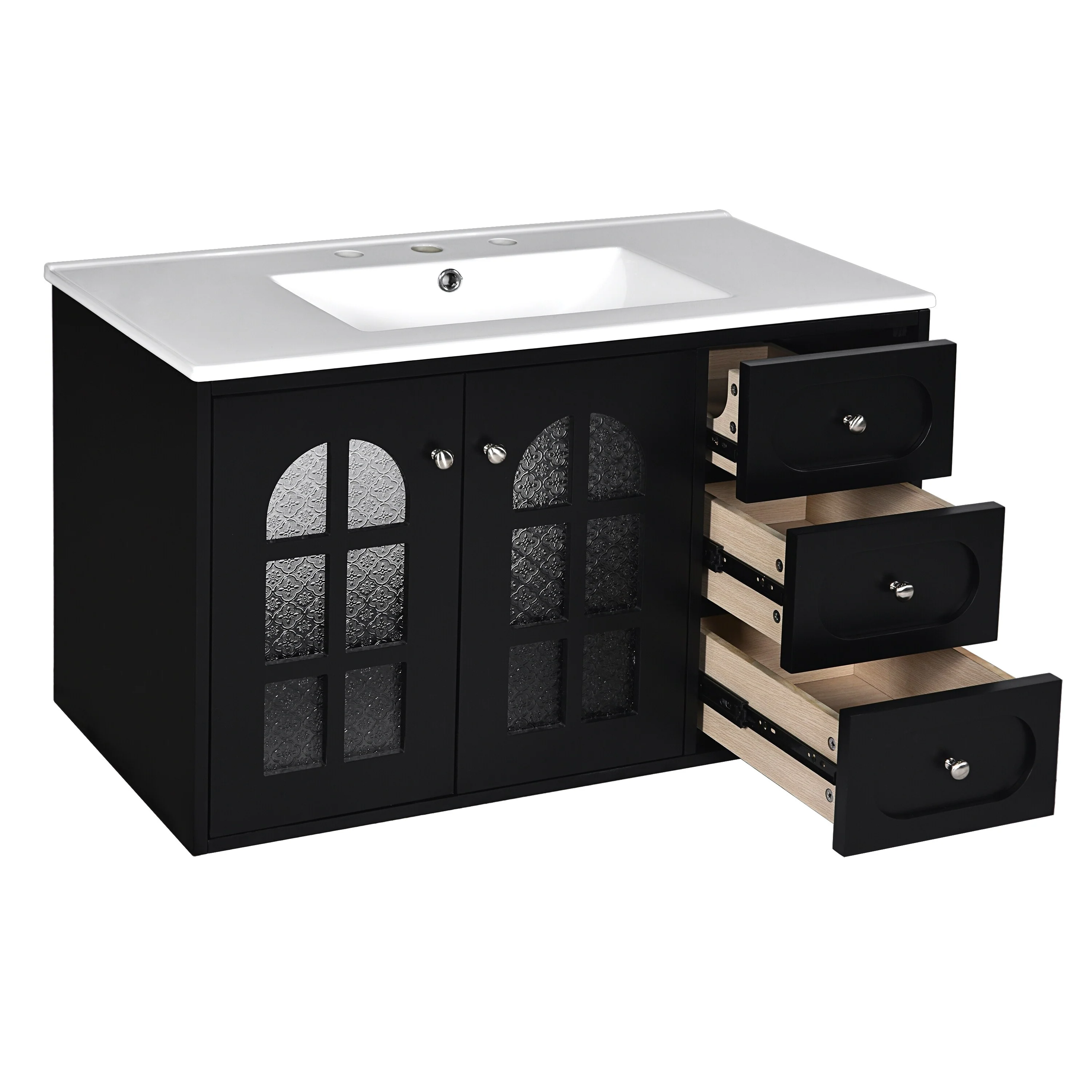 GDFStudio 36 Inch Floating Bathroom Vanity with Ceramic Sink, Wall Mounted Bathroom Cabinet with 3 Drawers