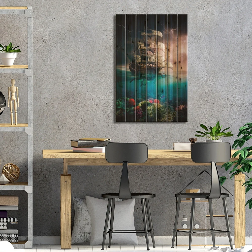 Kraken Attacks Pirate Ship During Thunderstorm Print On Wood by GEN Z - Multi-Color