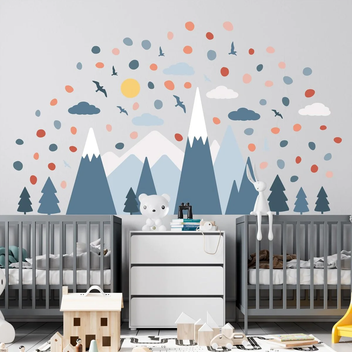 Blue Mountains and Dalmatian Dots Nursery Kids Room Wall Stickers Decorations Decals DIY