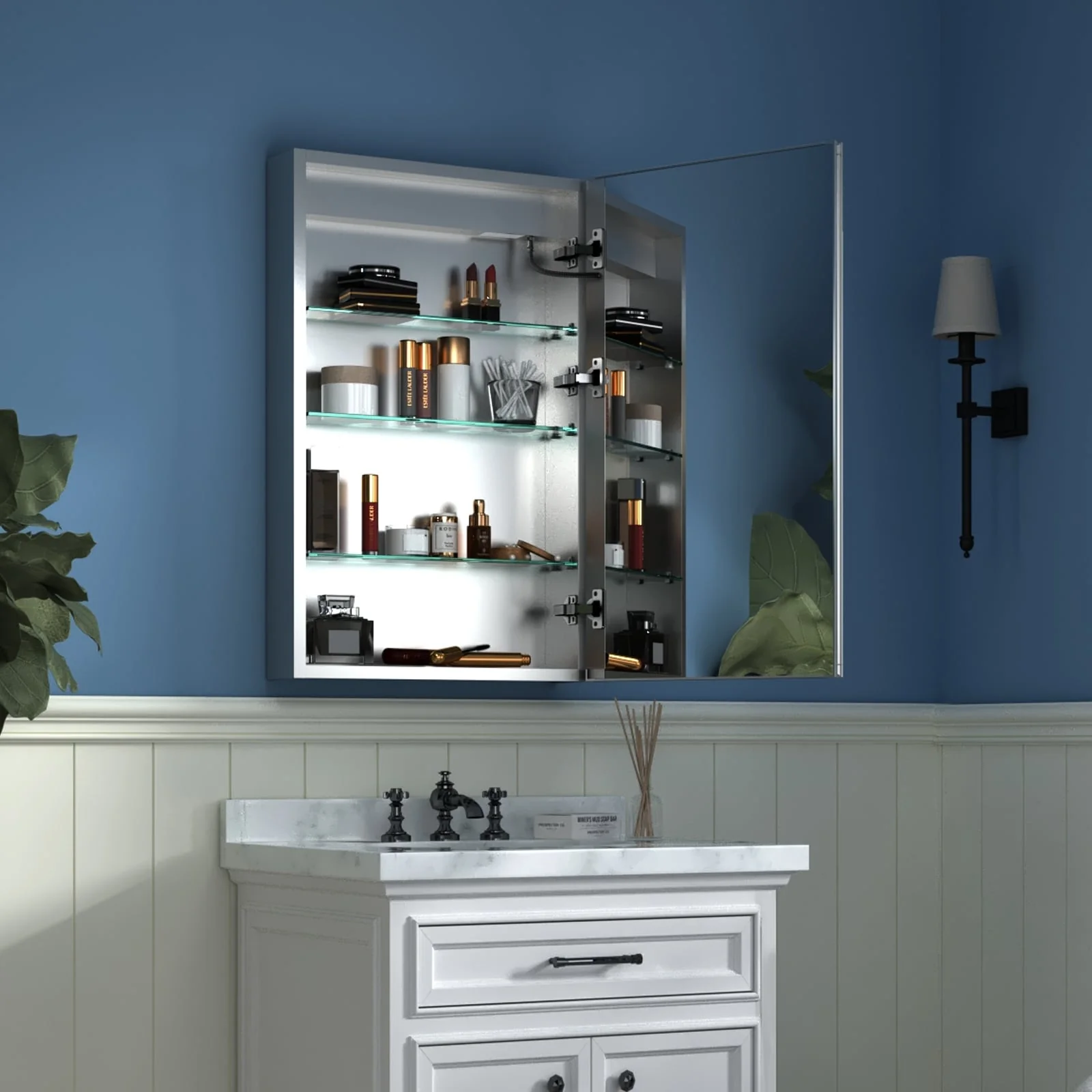 ExBrite 3 Touch Switch LED Lighted Bathroom Medicine Cabinet with Mirror, Recessed or Surface Mount, Defog, Stepless Dimming