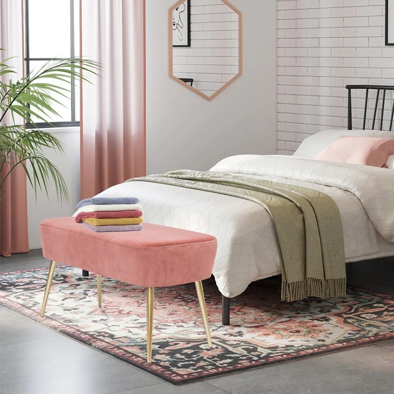 Adeco Velvet Bench Footrest, Bed End Stool Metal Legs, Dressing Chair