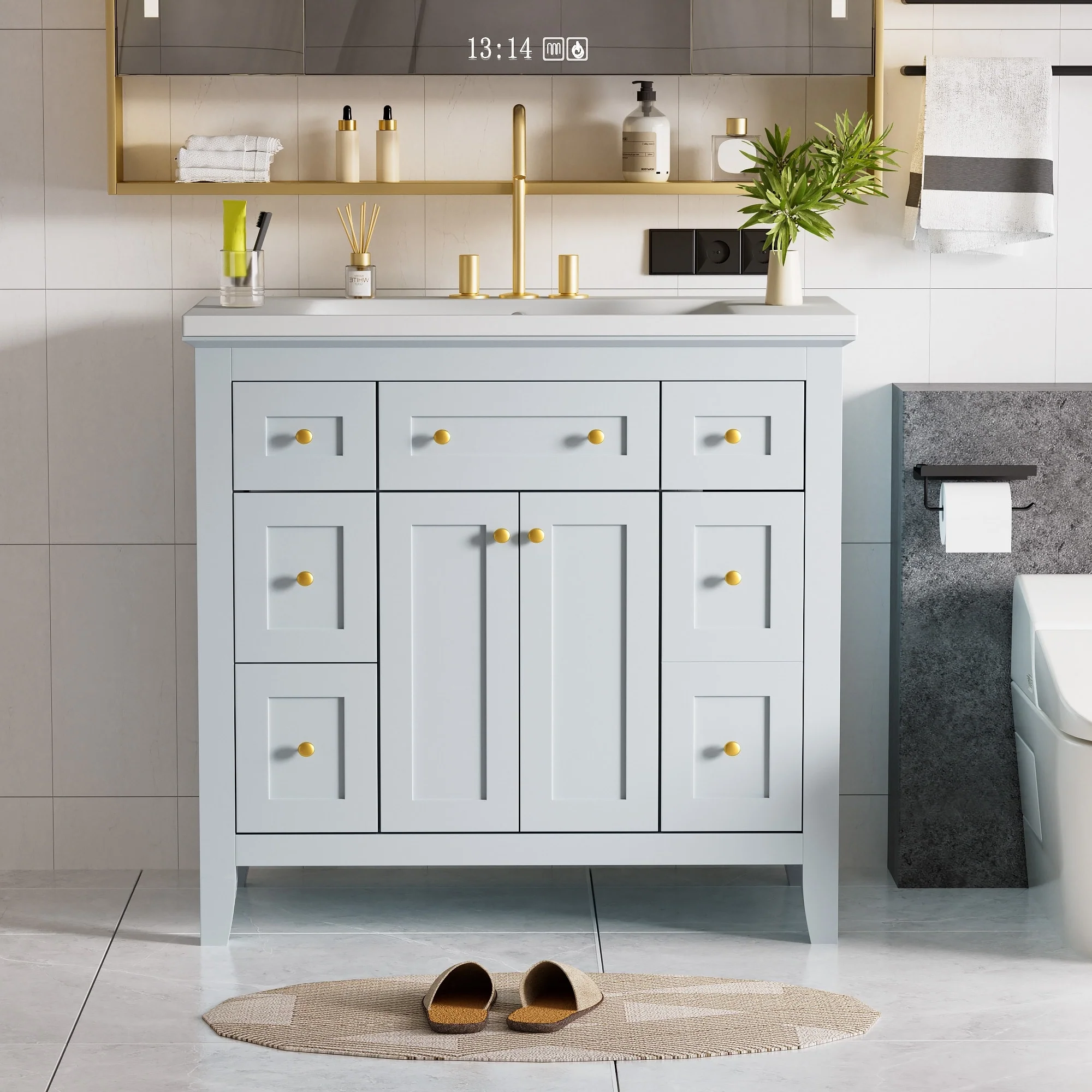 Modern Freestanding Single Bathroom Cabinet with 6 Drawers 2 Cabinets