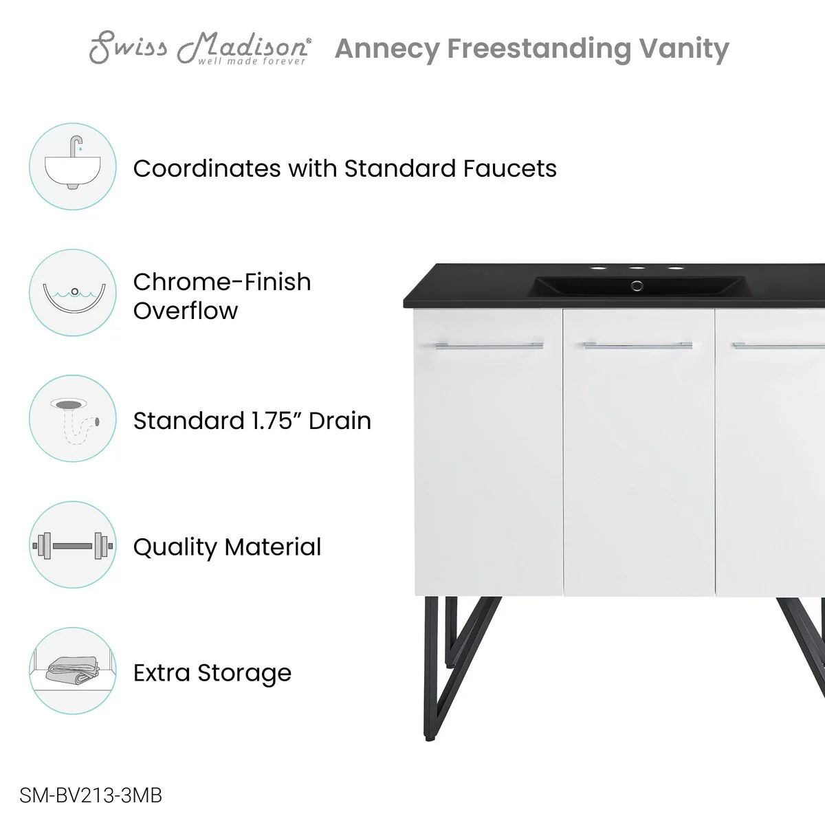 Annecy 36 In. White Bathroom Vanity With Black, 3-Hole Ceramic Sink Top