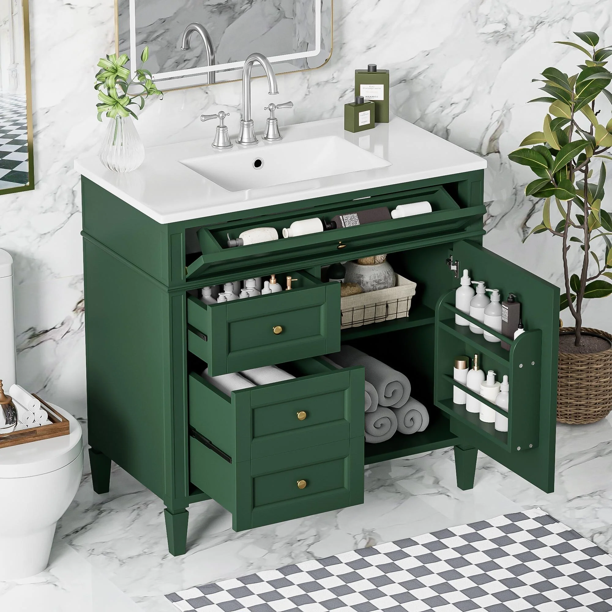 Bathroom Vanity with Single Sink, Bathroom Vanities with 2 Drawers, Bathroom Storage Cabinet with 1 Tip-Out Drawer and 1 Door