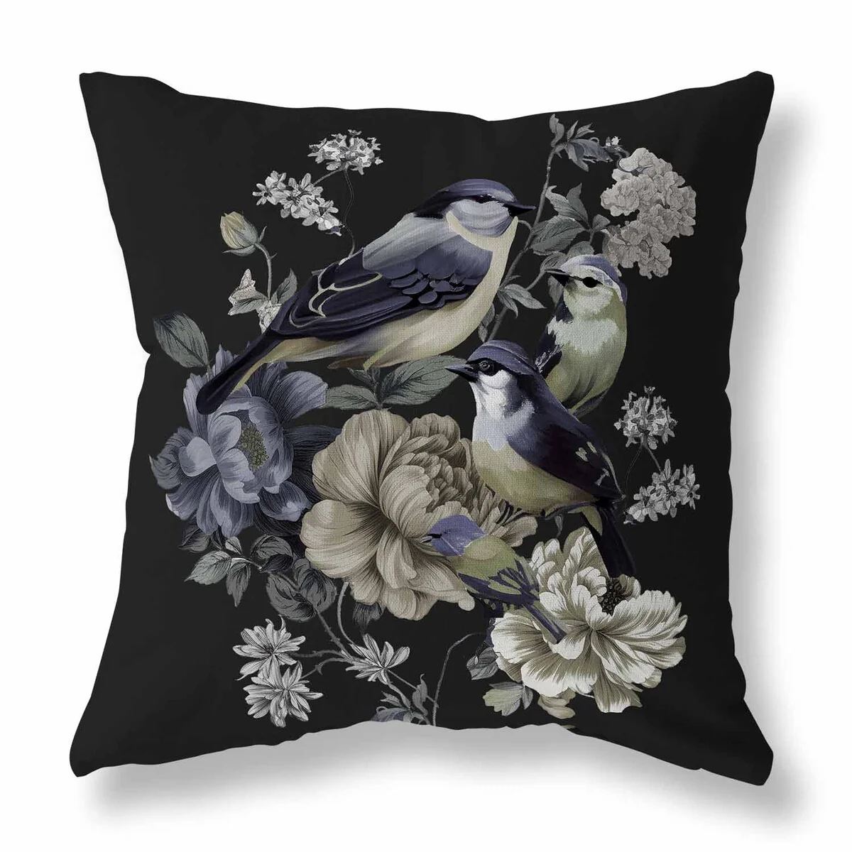 Black And Grey Petal Perched Birds Indoor/Outdoor Throw Pillow Zipper