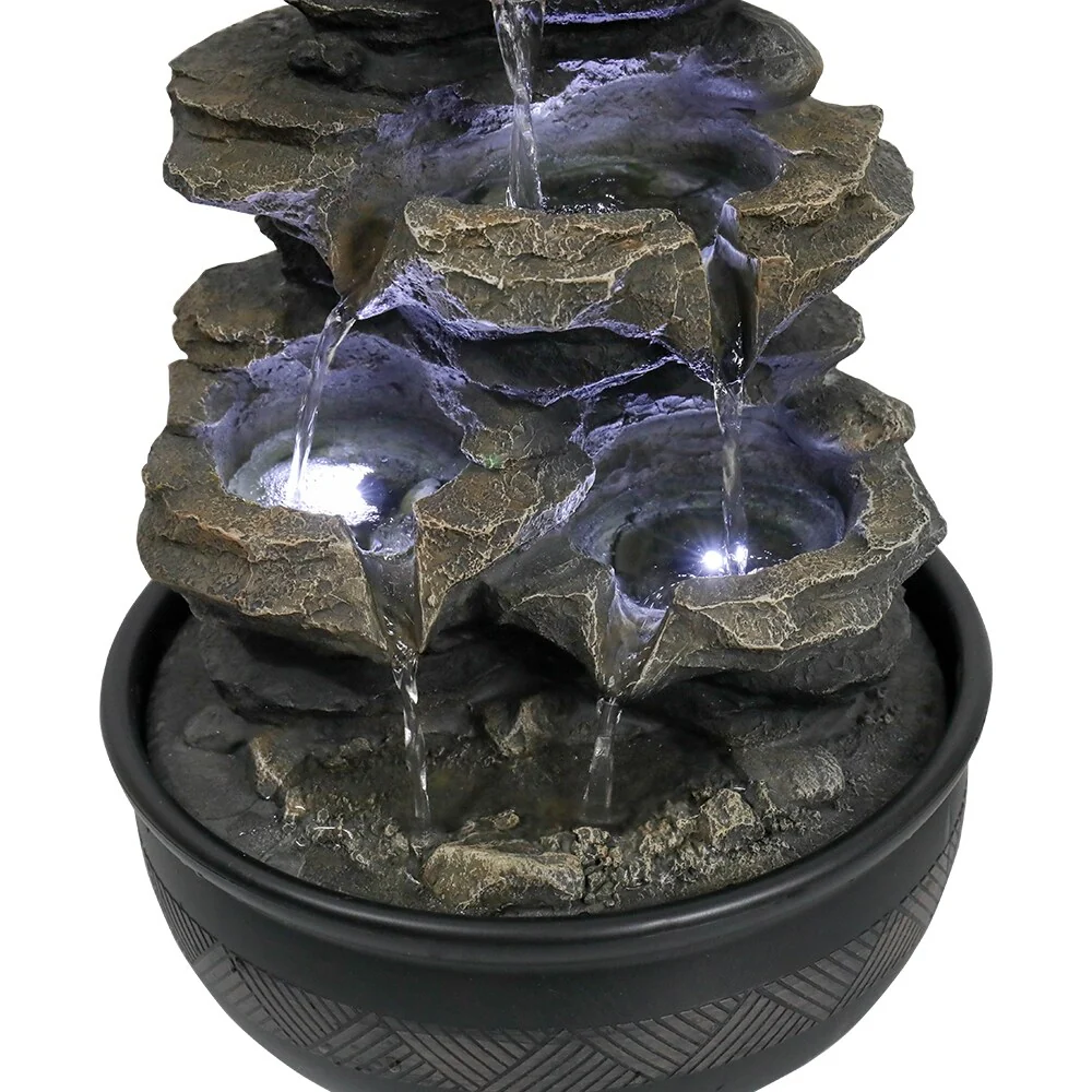 15.7in 4-Tier Cascading Rock Falls Tabletop Water Fountain w/LED Light