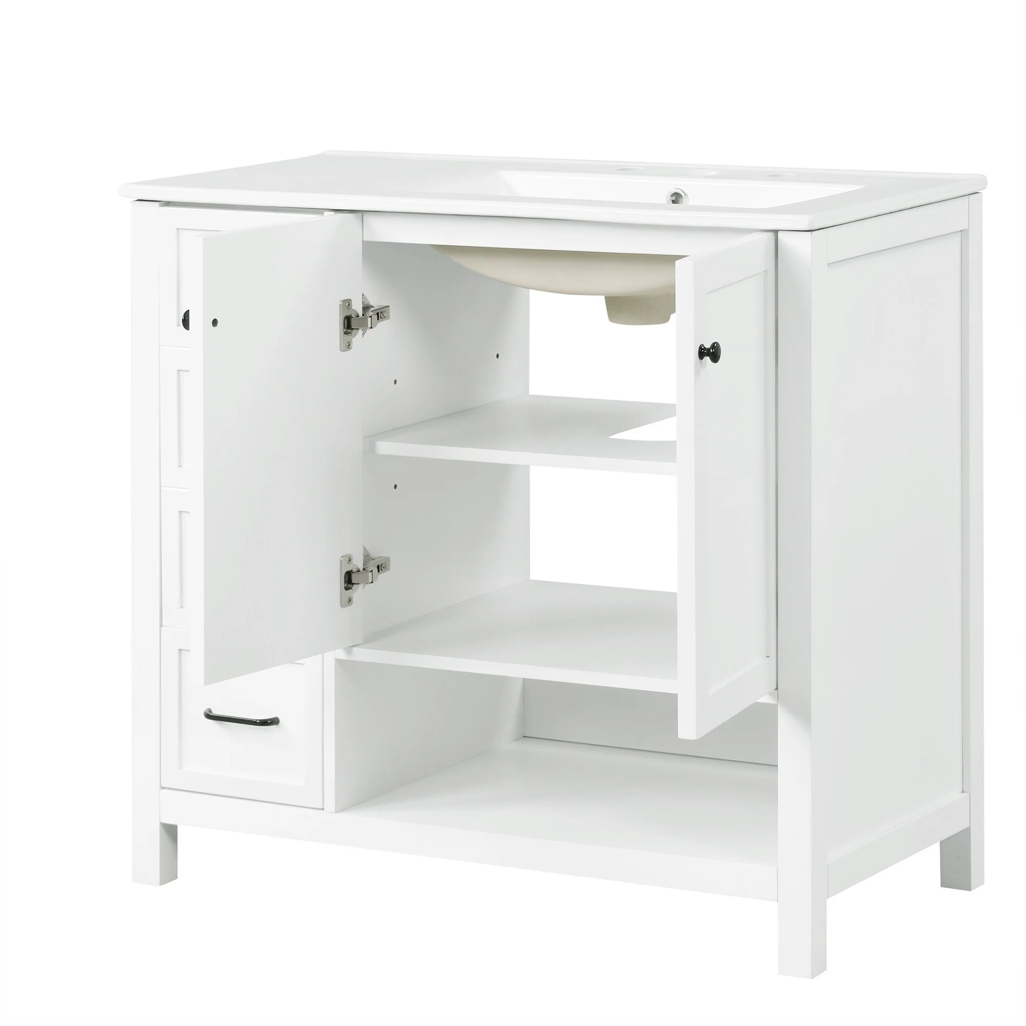 Bathroom Vanity with Ceramic Sink, Bathroom Storage Cabinet with 2 Drawers, Bathroom Vanity with 1 Tip-Out Drawer and 1 Door