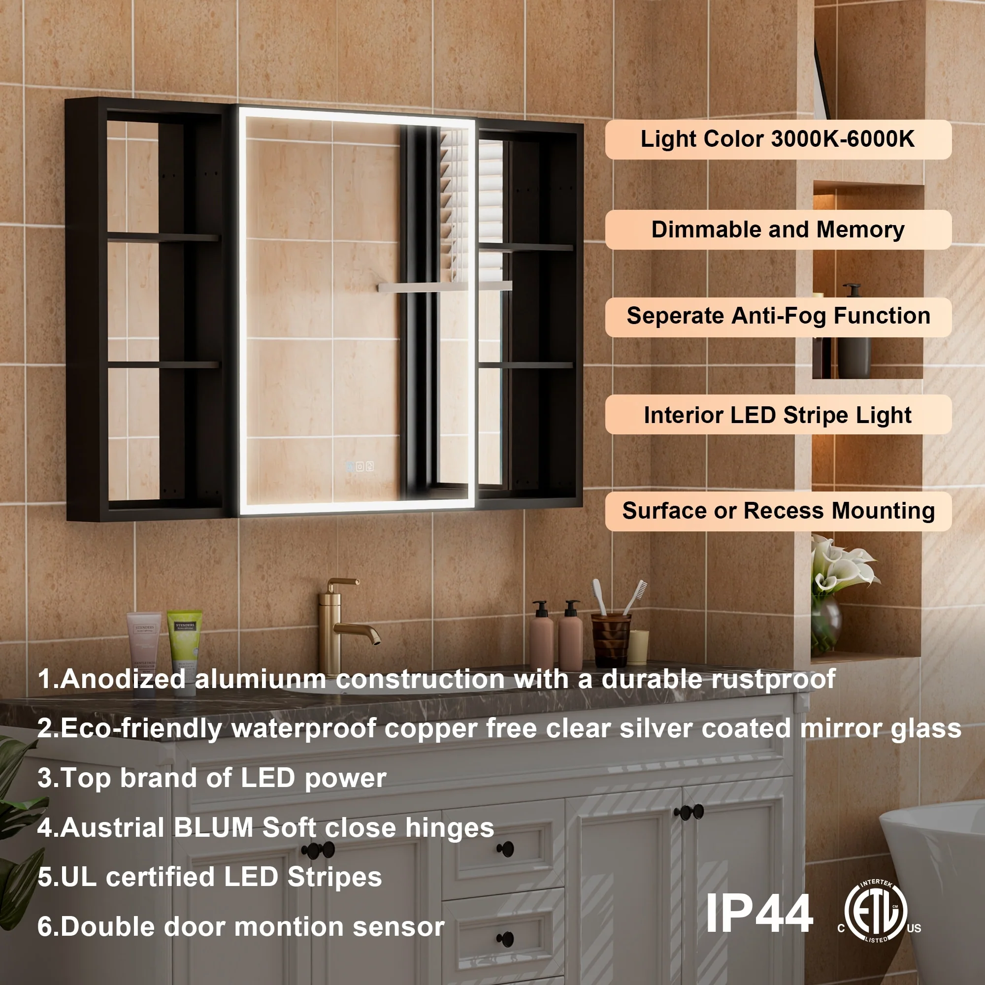 30 in. H Recessed or Surface Wall Mounted LED Mirror Cabinet With Black Side Cabinet