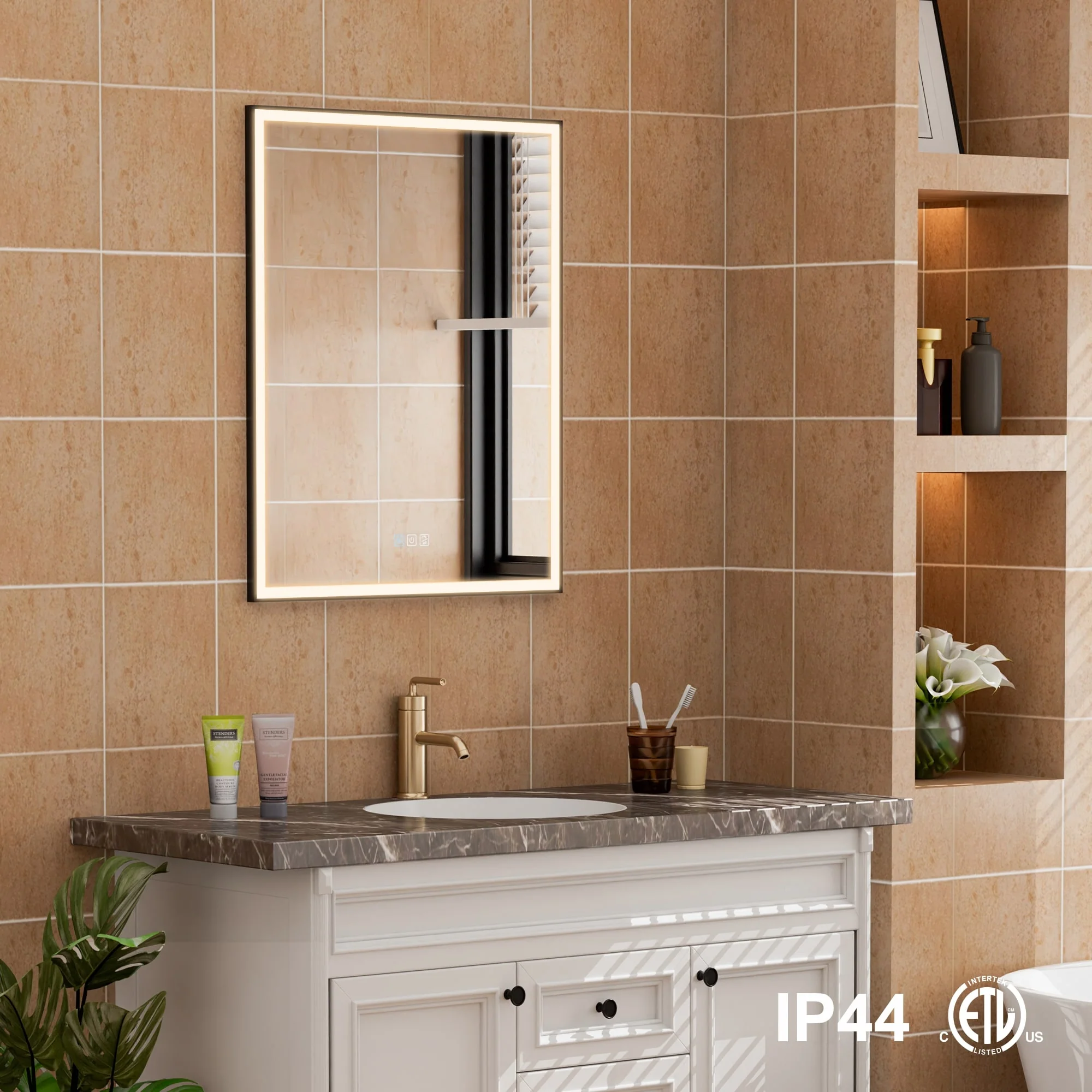 30'' H Recessed Or Surface Wall Mounted LED Mirror Cabinet With Mirror And Adjustable Shelves,Black Frame