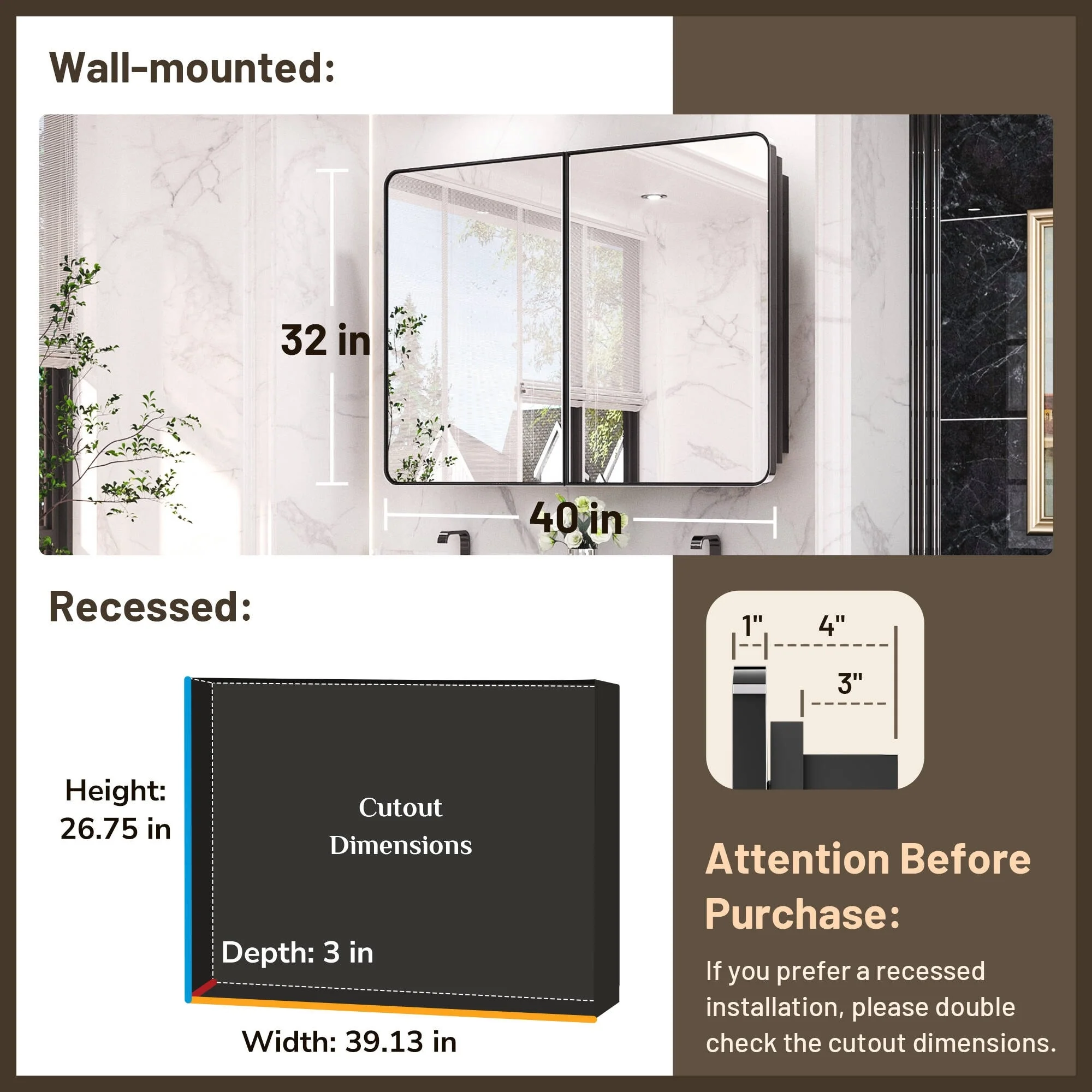 KEONJINN Medicine Cabinets for Bathroom with Mirror, Stainless Steel 1-3 Framed Doors