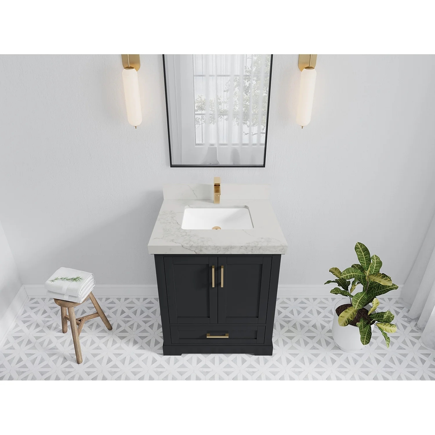 Willow Collection 30 in W x 22 in D x 36 in H Reeded Boston Single Bowl Sink Bathroom Vanity with Quartz or Marble Countertop