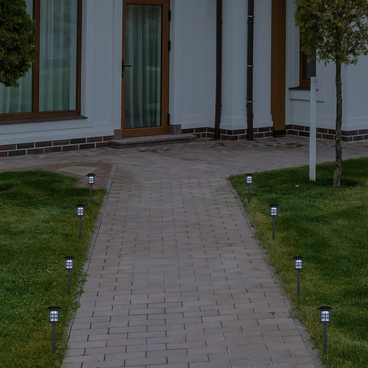 Set of 8 Black Lantern Style Solar Powered LED Pathway Markers 14.25