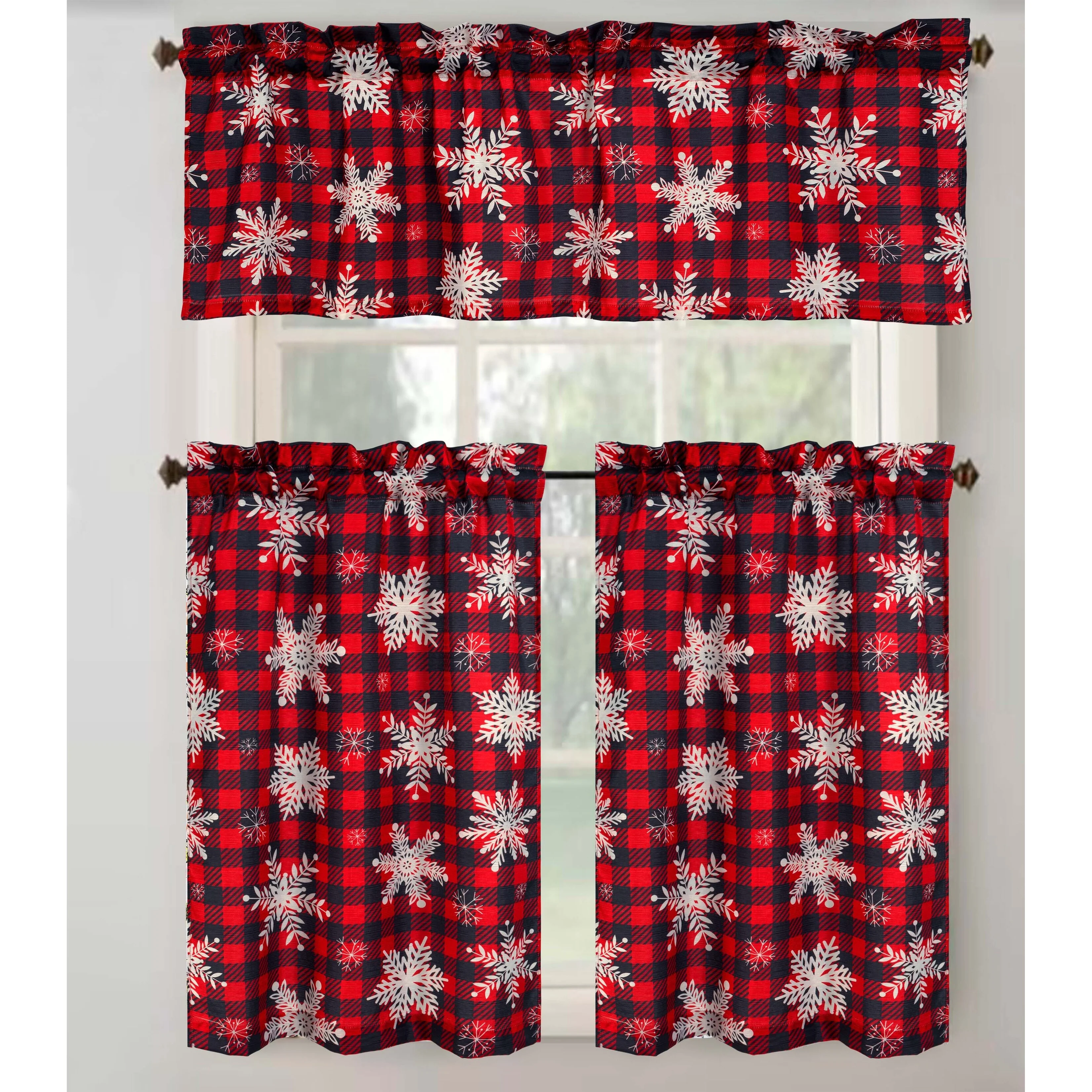 Christmas Plaid Snowfalke Printed Kitchen Curtain