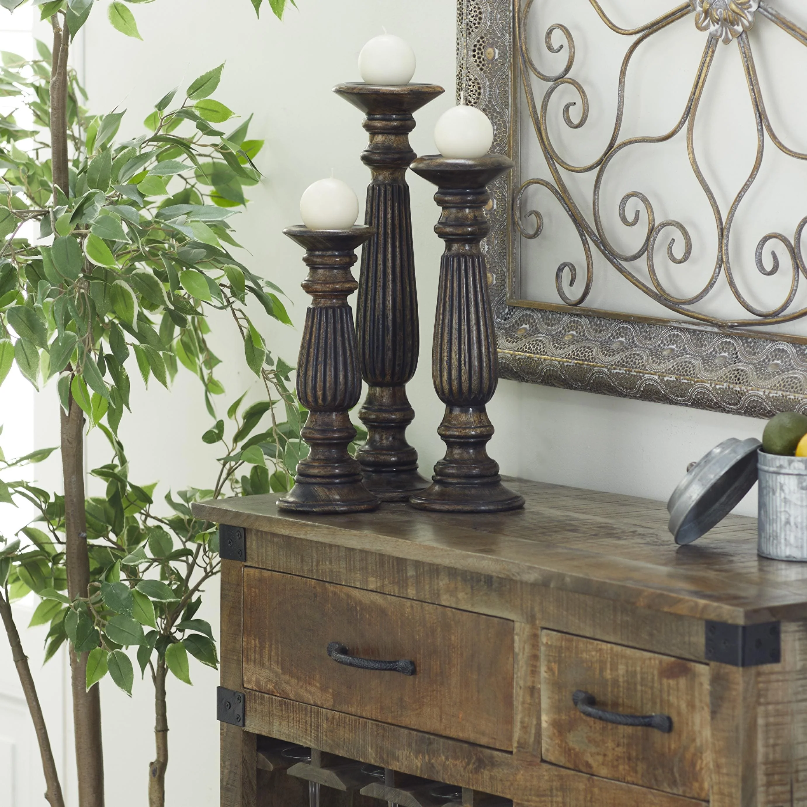 Traditional Mango Distressed Turned Pillar Wood Candle Holder (Set of 3) - Dark Brown, Beige, White